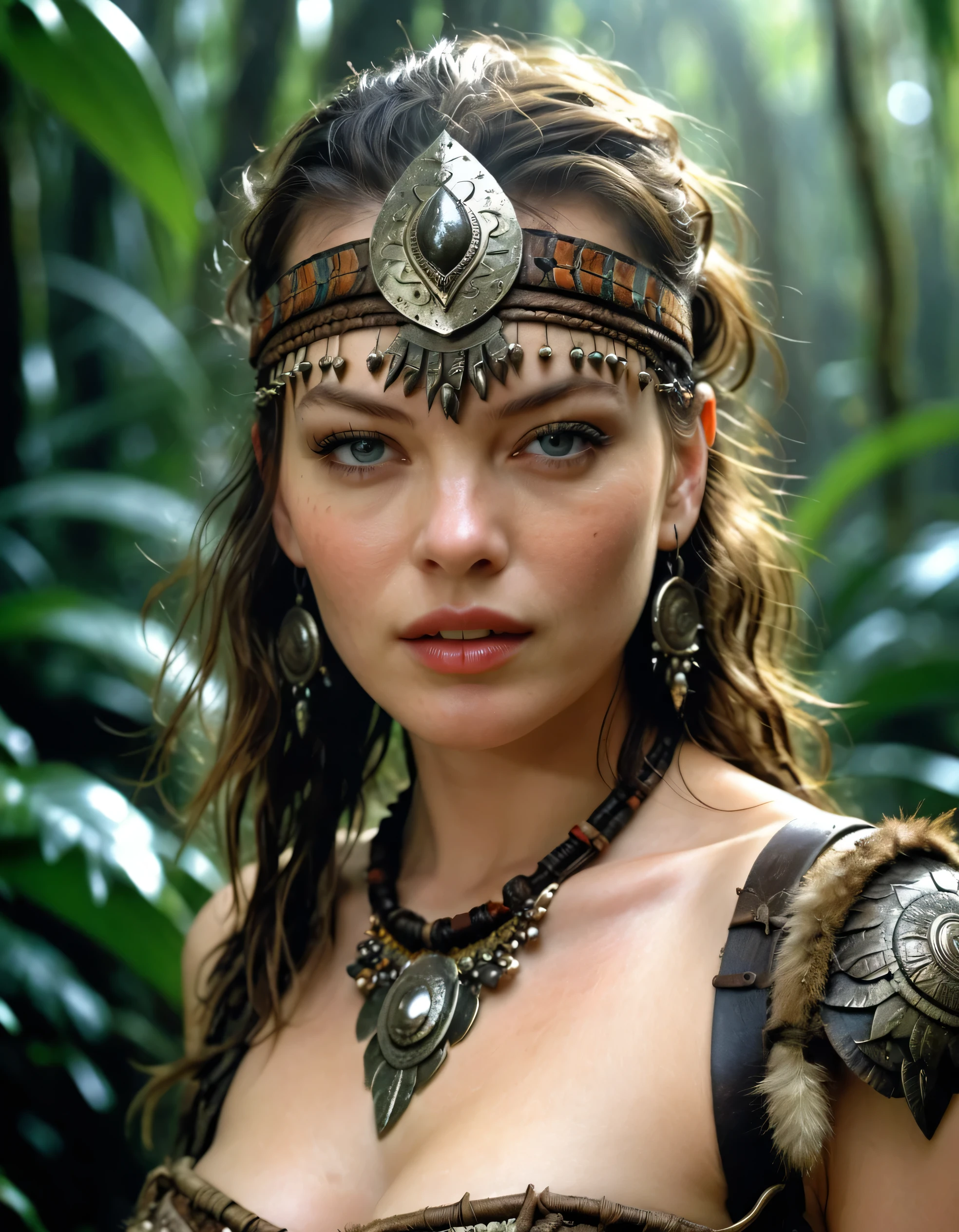 (milla jovovich), tribal warrior, masterpiece, Jungle in the background, cowboy shot, dark fantasy, Intricate, Very detailed, by Luis Royo. 1 girl, (HD, 8K Wallpaper, High resolution), cinematic lighting, awarded, extremely detailed skin, Extra detailed face, high detail eyes, photorealistic, Zeiss 85 mm F/1.4, by Ellen von Unwerth