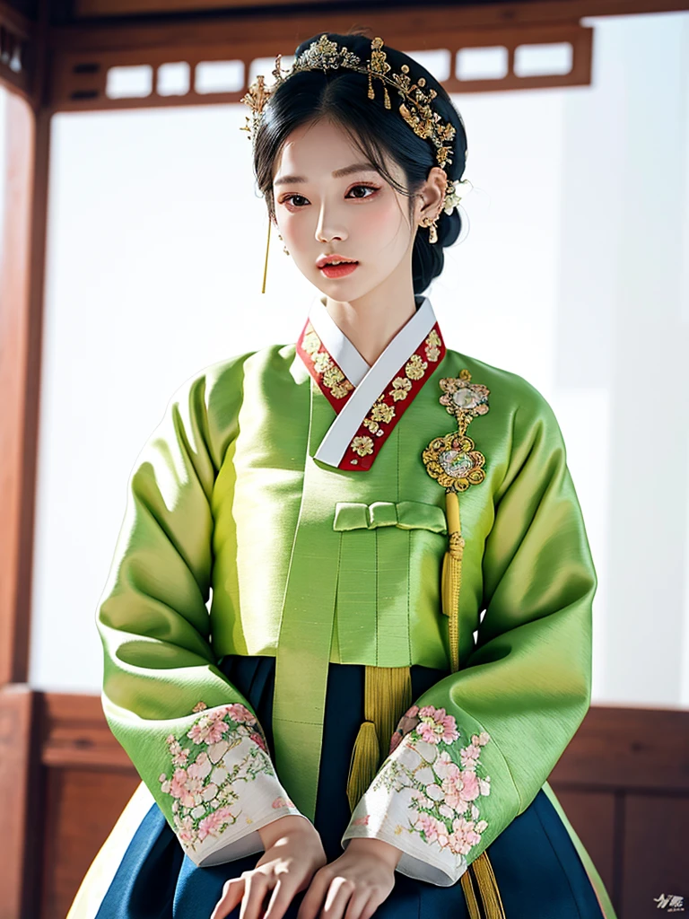 Gyeongbokgung, (masterpiece), (detailed), (intricate details), (realistic, realistic:1.37),illustration, very delicate and beautiful, 매우 detailed, CG,unity, 8K wallpapers, amazing, fine details, Extremely fine CG Great unity 8k, 매우 detailed, high resolution, 매우 detailed, 매우 detailed eyes and face, upper body, View viewer, 1 girl, (18 years old), pale skin, black hair, pony tail, hairpin, part, headdress, earring, floral pattern, white hanbok, slim body,