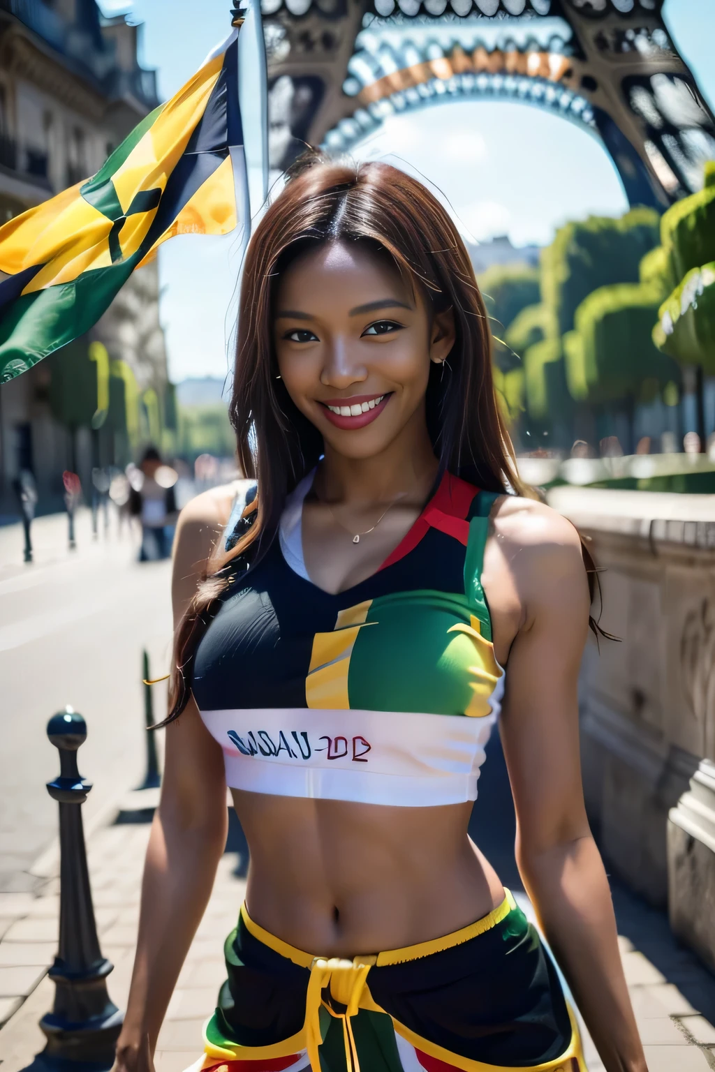 (((Jamaican flag-inspired outfit:1.3))),(),(((smile:1.3))),(((Women supporting the Paris Olympics:1.3))),(((International flags on the streets of Paris))),(((Eiffel Tower in the background))),(((The Seine in the background))),masterpiece,Highest quality,Ultra-high resolution output images,Write Boundary Depth,Intricate details,Add depth to your subject with contrast between light and shadow,Anatomically correct facial structure),(Picture Mode Ultra HD,)