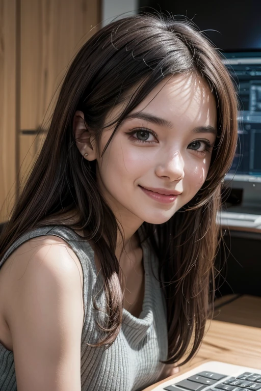 A woman sitting at a desk with a laptop and a microphone, sitting in front of a microphone, contraction serpentine, contraction serpentine/ludwig player, giving an interview, accurate portrait, taking control while smiling, H3H3, with a happy expression, Accurate representation, In front of a computer, trend art, shutter, studio photo, very expressive, realist anime, drawn,