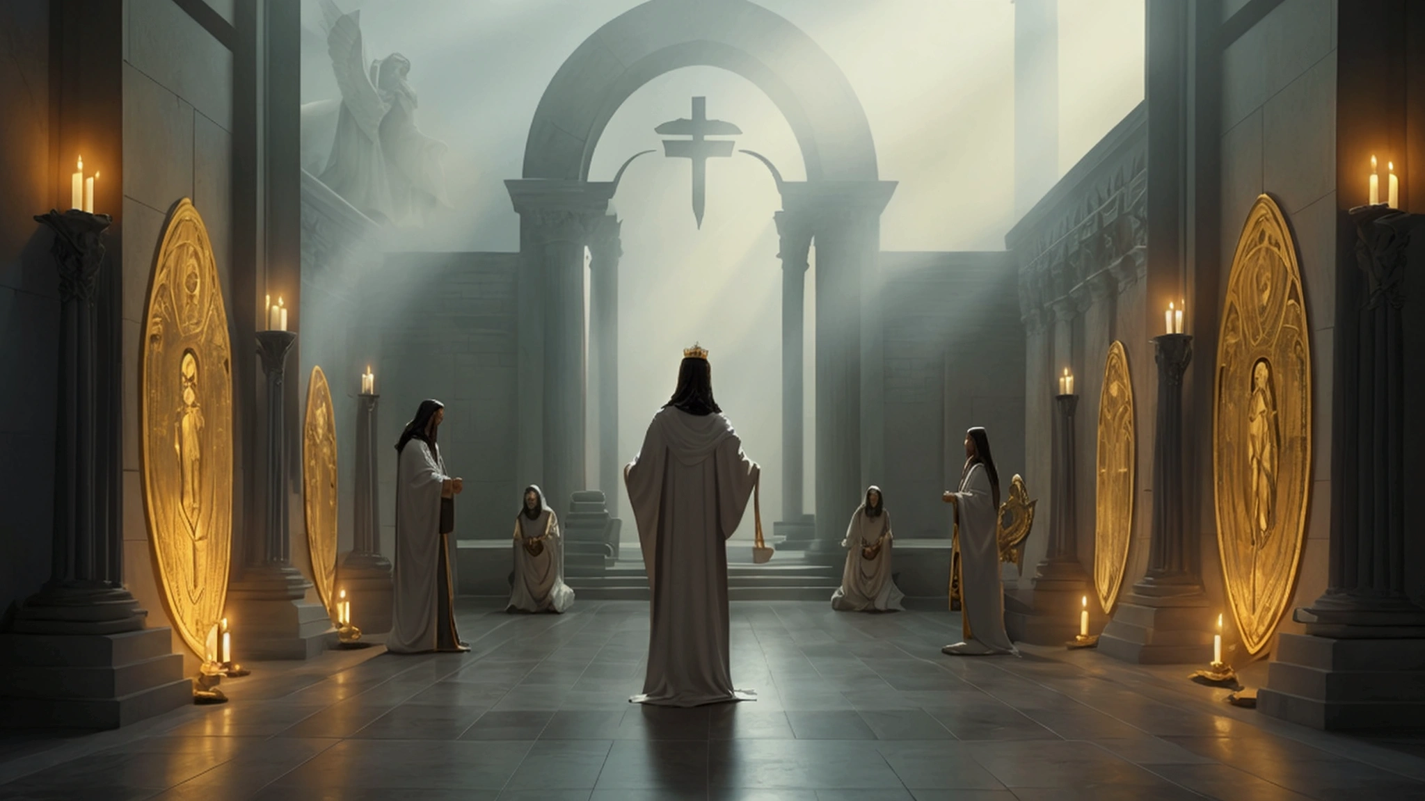 "Description: Depict the second coming of Christ as envisioned by premillennialists, marking the beginning of the Millennium.
Details: Create a grand and triumphant scene that contrasts with the tribulation, using bright and uplifting colors. Include:
Christ’s Return: Show Jesus returning in glory, often depicted with heavenly hosts or angels accompanying Him. The scene should convey majesty and divine authority, with Christ descending from the heavens.
The Millennium Begins: Illustrate the establishment of Christ’s kingdom on Earth. Show scenes of peace, justice, and harmony, with Christ reigning as King. This could include a restored and flourishing world, with people living in peace and prosperity.
Visual Impact: Use rays of light, divine symbolism (such as crowns or thrones), and serene landscapes to emphasize the transformative nature of Christ's return and the beginning of the Millennium."