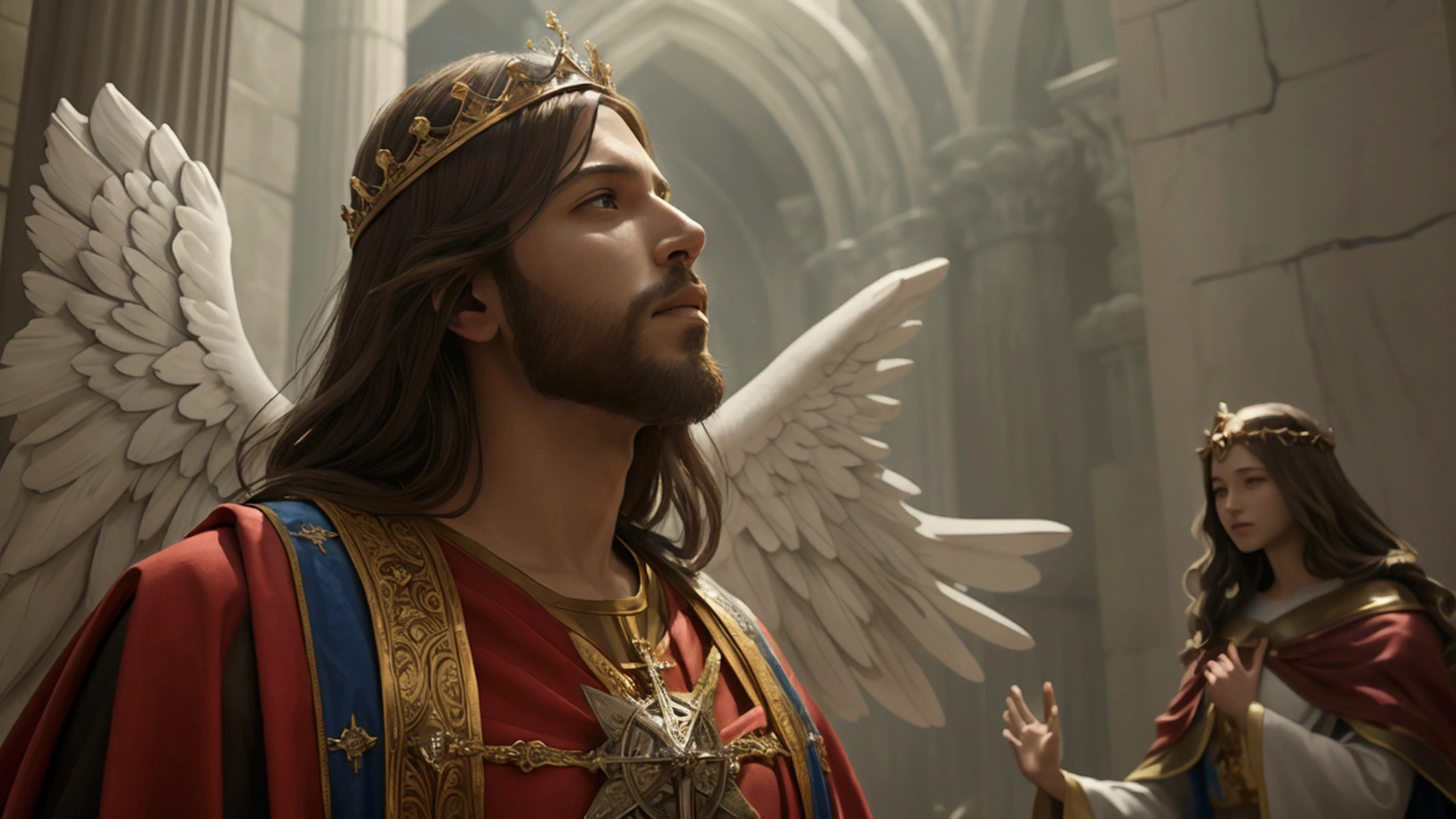 "Description: Depict the second coming of Christ as envisioned by premillennialists, marking the beginning of the Millennium.
Details: Create a grand and triumphant scene that contrasts with the tribulation, using bright and uplifting colors. Include:
Christ’s Return: Show Jesus returning in glory, often depicted with heavenly hosts or angels accompanying Him. The scene should convey majesty and divine authority, with Christ descending from the heavens.
The Millennium Begins: Illustrate the establishment of Christ’s kingdom on Earth. Show scenes of peace, justice, and harmony, with Christ reigning as King. This could include a restored and flourishing world, with people living in peace and prosperity.
Visual Impact: Use rays of light, divine symbolism (such as crowns or thrones), and serene landscapes to emphasize the transformative nature of Christ's return and the beginning of the Millennium."