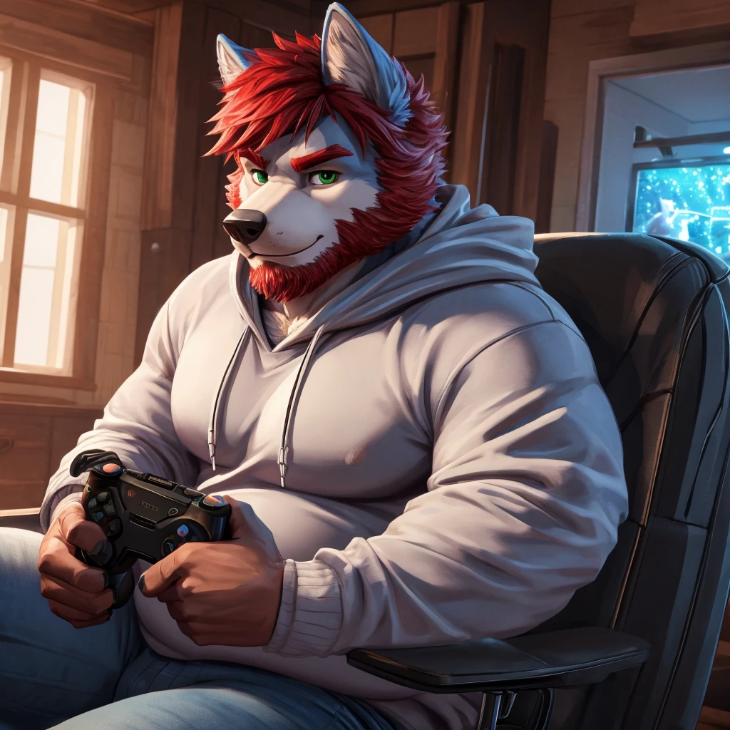 ((best quality)), ((masterpiece)), (Ultra detailed), ((4k)) ,  Solo , Anthro Wolf , Light Blue Fur , Red hair , Short Hair ,Stubble Beard , Handsone , Good Looking , Green Eyes, (Eyes Details), Middle Ages , Huge Pecs  , Muscular Fat Belly,


Sweatshirt , Long Sleeve , Rolled Up Sleeves , Wearing Jeans, Black Gloves , Gaming , Cool pose