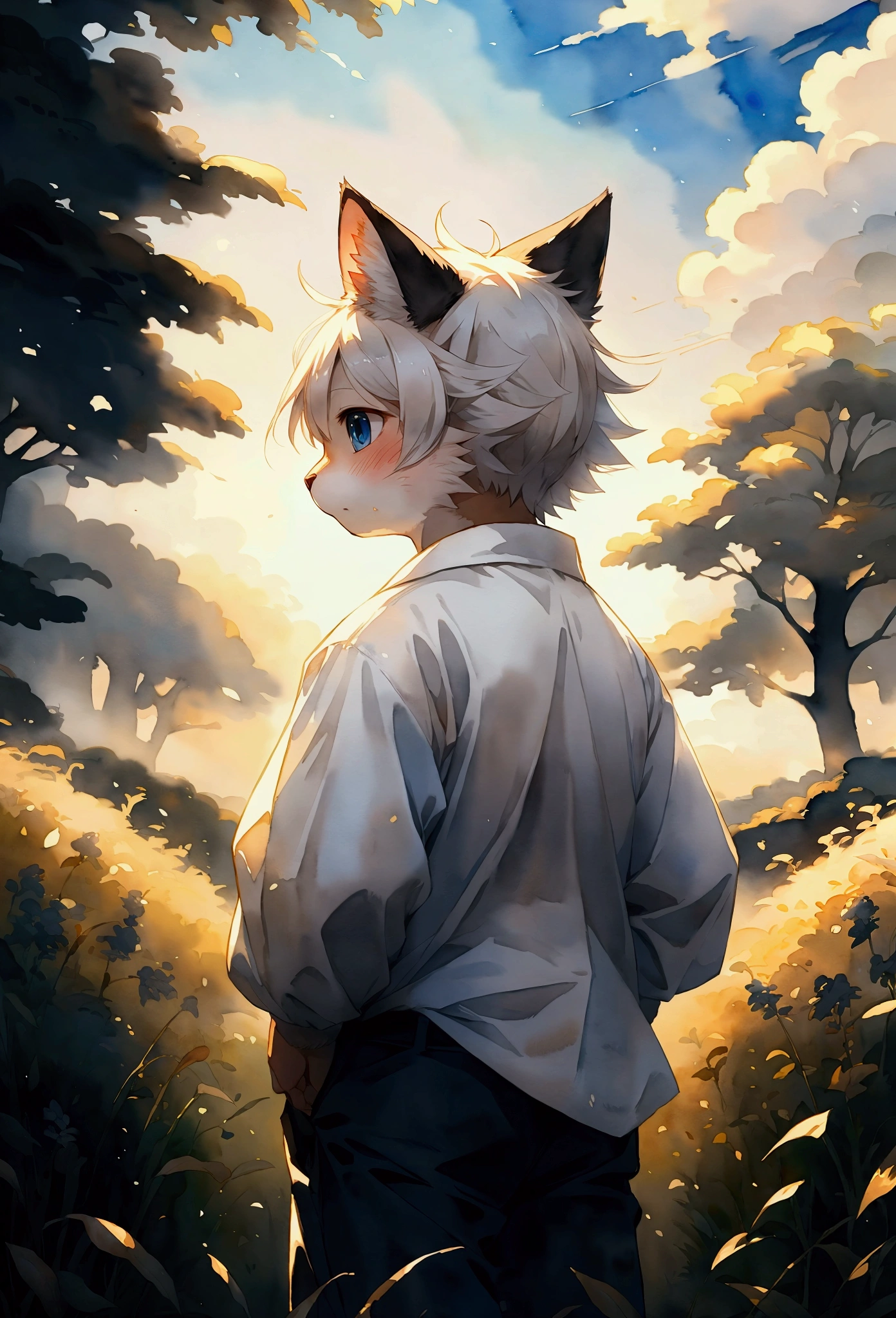 ((kemono)), white fur, white shirt, pants, cat ears, standing, blue eyes, BREAK, watercolor \(artwork\), by Hasui Kawase, detailed background, detailed foreground, depth of field, ambient silhouette, backlighting, blurred background, white background, sky, grass, plant