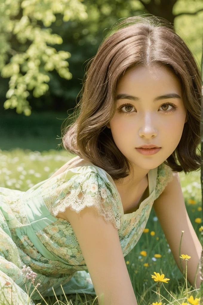 Black girl, Beauty, close up portrait kodachrome camera transparent, 1950s, Beautiful pose, Green field outdoor background, Under the old oak tree, Flower Meadow Ebony Playmate of the Month, (Peach and cream silk lace dress:1.2), Waist