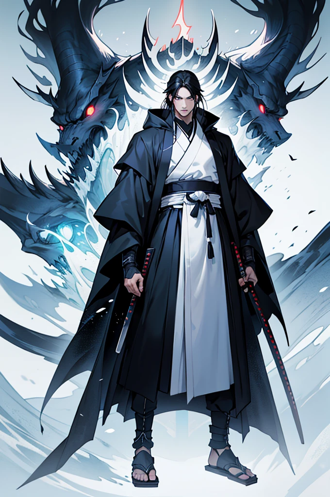 Tall man, white skin, wearing a dark blue hakama, samurai style, full body art, from afar, on the horizon, long straight black hair, anime art style, serious expression, black cloak wearing, imposing posture, white background,

