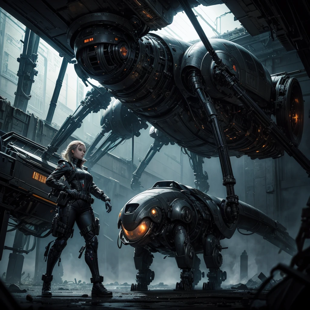 a woman in a futuristic gothic military uniform searches an abandoned alien spaceship,hyper-realistic, 8k,ultra-detailed, masterpiece, intricate-detailes,dynamic pose