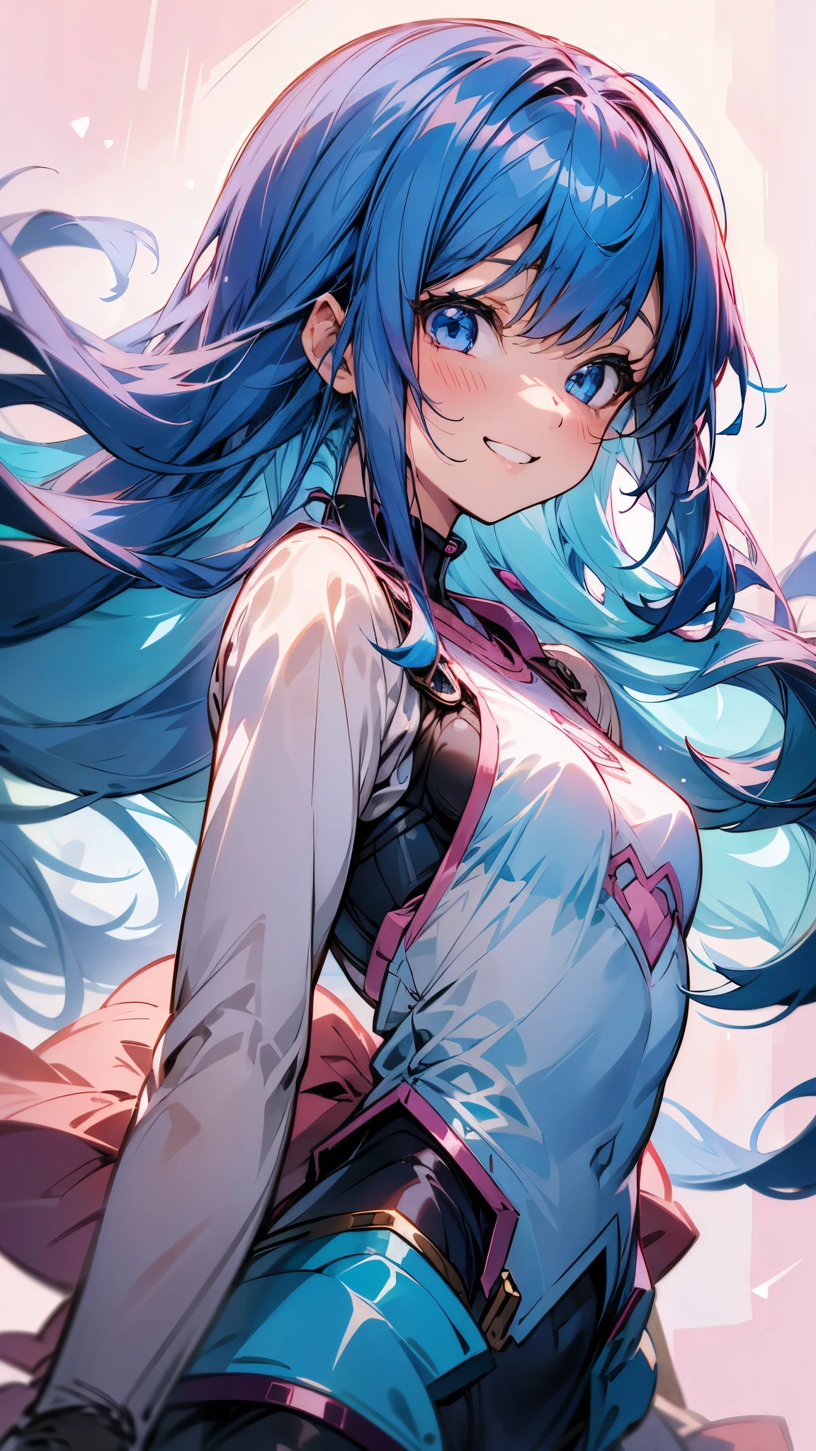 1 girl、Pink Hair、Beautiful Anime Girls、Small breasts、Long Hair、bangs、Blue Hair、Bright Blue Eyes、profile、Upper body close-up、Grin