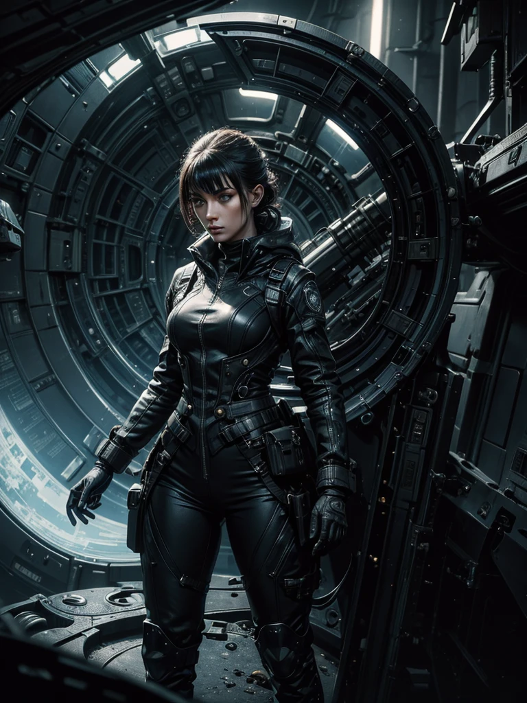 a woman in a futuristic gothic military uniform searches an abandoned alien spaceship,hyper-realistic, 8k,ultra-detailed, masterpiece, intricate-detailes,dynamic pose