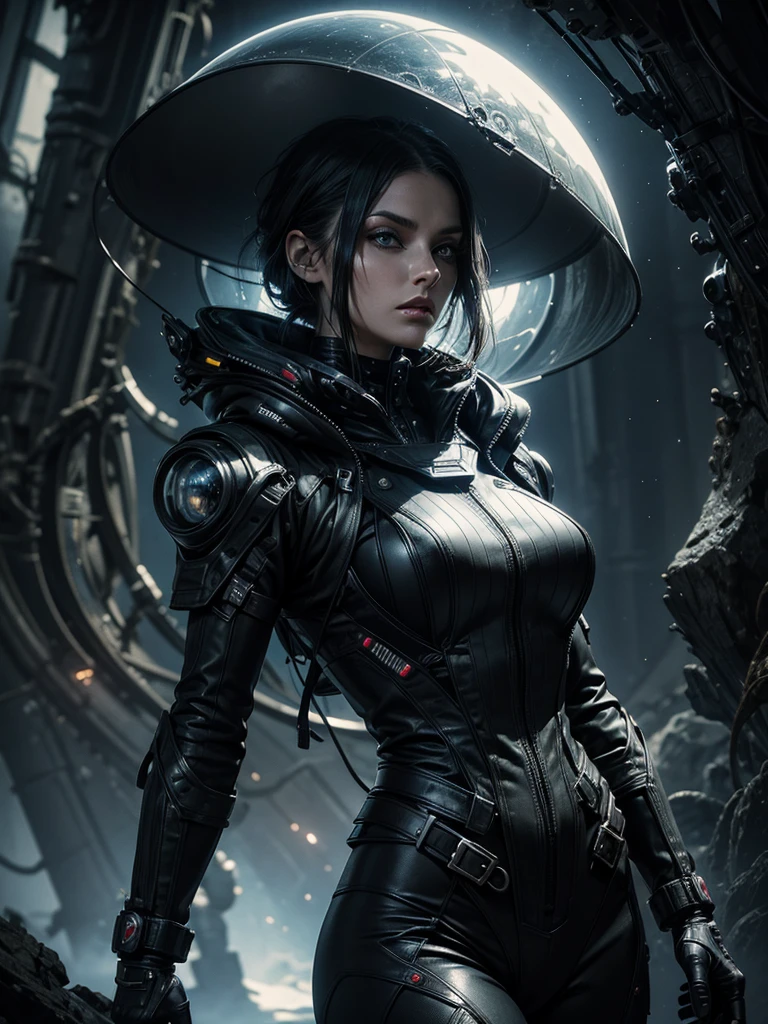 
a woman in a futuristic gothic military uniform searches an abandoned alien spaceship,hyper-realistic, 8k,ultra-detailed, masterpiece, intricate-detailes,dynamic pose