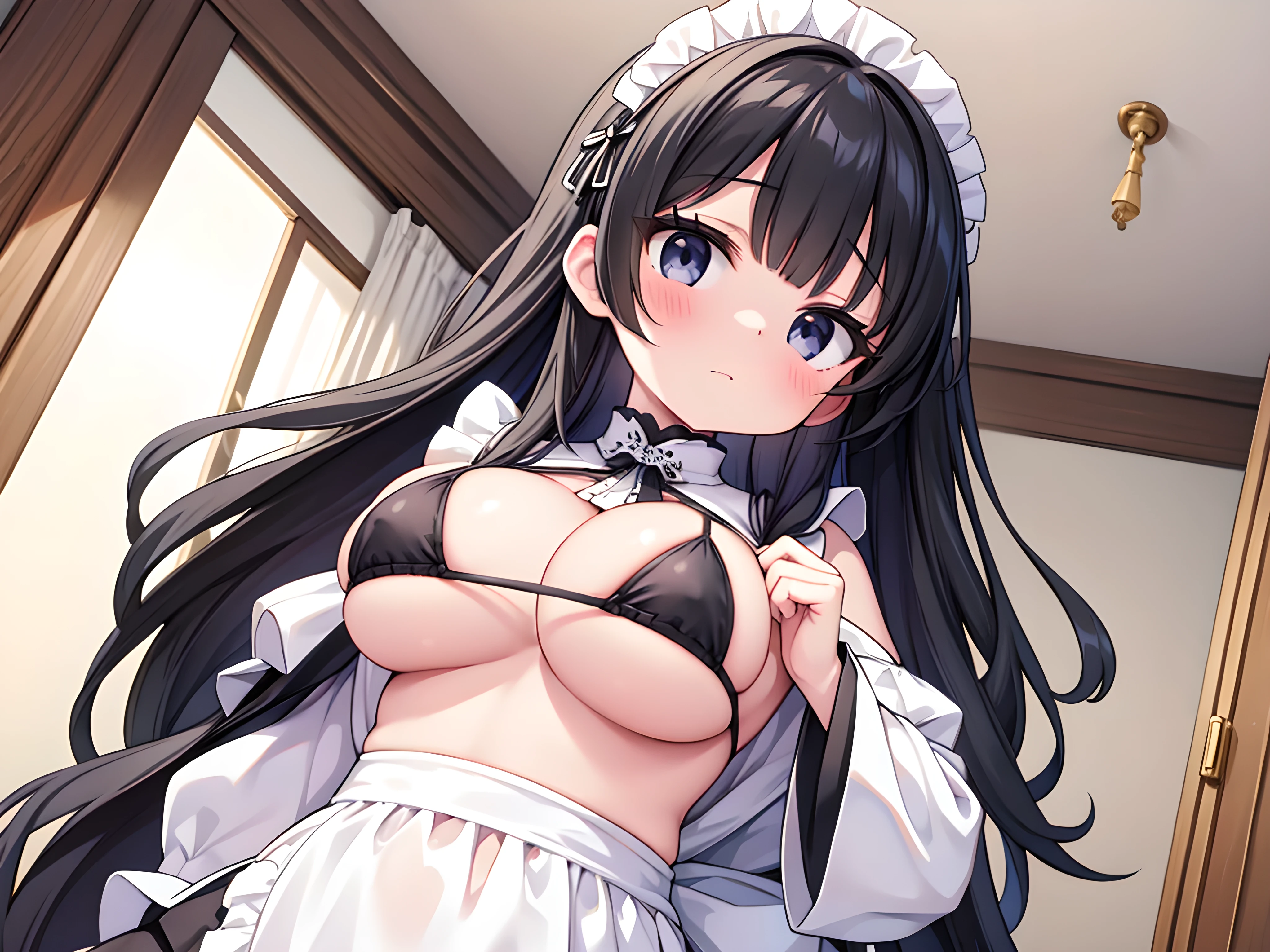 intricate detailed, detailed skin, detailed hair, 1girl, original,
black hair, straight hair, hime cut, beautiful black eyes, shiny skin, huge breasts, chubby,
upper body , looking at viewer, embarrassed, black micro bikini, black frilled bikini, BREAK, white maid headdress, standing in living room, from below, ground level shot,
best quality, masterpiece, absurdres,