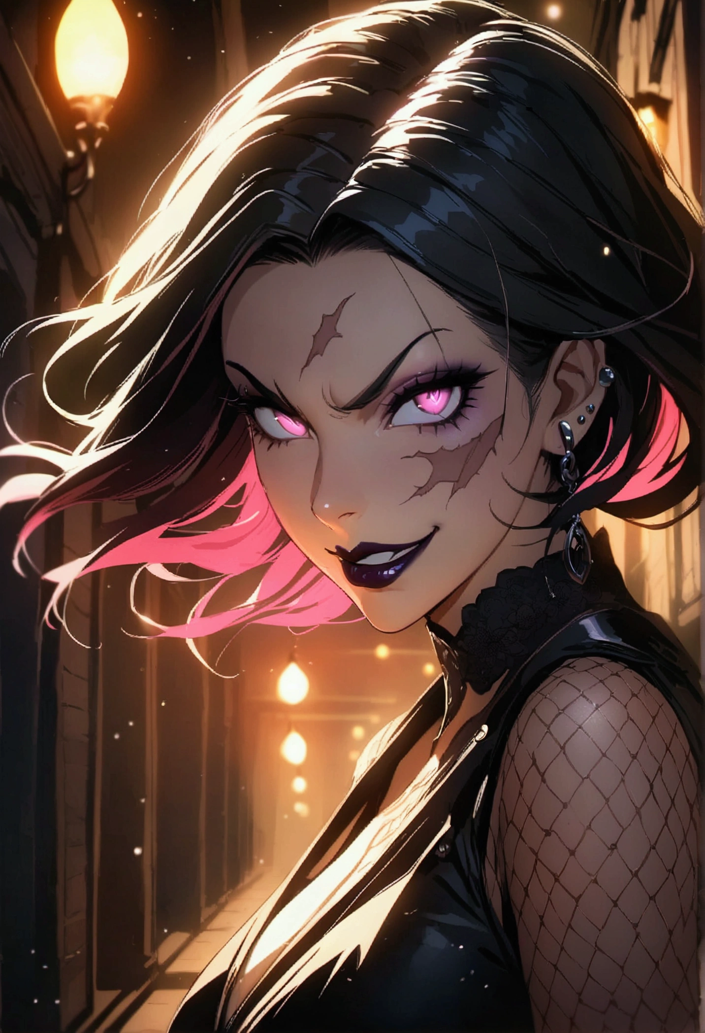 (anime women), demon women, (demon eyes) building corridor, cinematic lighting (best quality:1.2)detailed, lights, vivid colors,bokeh, angry looking face with smirk on mouth, piercing, ((piercing)), gaze, 4k, particles in the air, powers, amazing art work full of details, dynamic movement, (dark lips), scars, mercenary