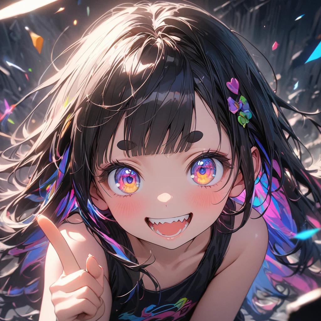 ((Masterpiece)), ((best quality)), ((kawaii)), (super detail:1.2), ((extremely detailed)), (8K), (High Definition:1.3), (Professional Photography:1.2), cinematic lighting, (very aesthetic:1.2), (absurdres:1.2), (sharp focus), (perfect light), (()), cute young Girl, Glossy unruly hair, (loose blunt bangs), colorful hair, long hair, big eyes, (long eyelashes), ((Thin and short eyebrows)), colorful eyes, (cute smile), open mouth, jagged teeth, joy, (cute tanktop), bare arms, cute, ((index finger raised)), (colorful:1.3), gothic makeup, (simple concrete background),