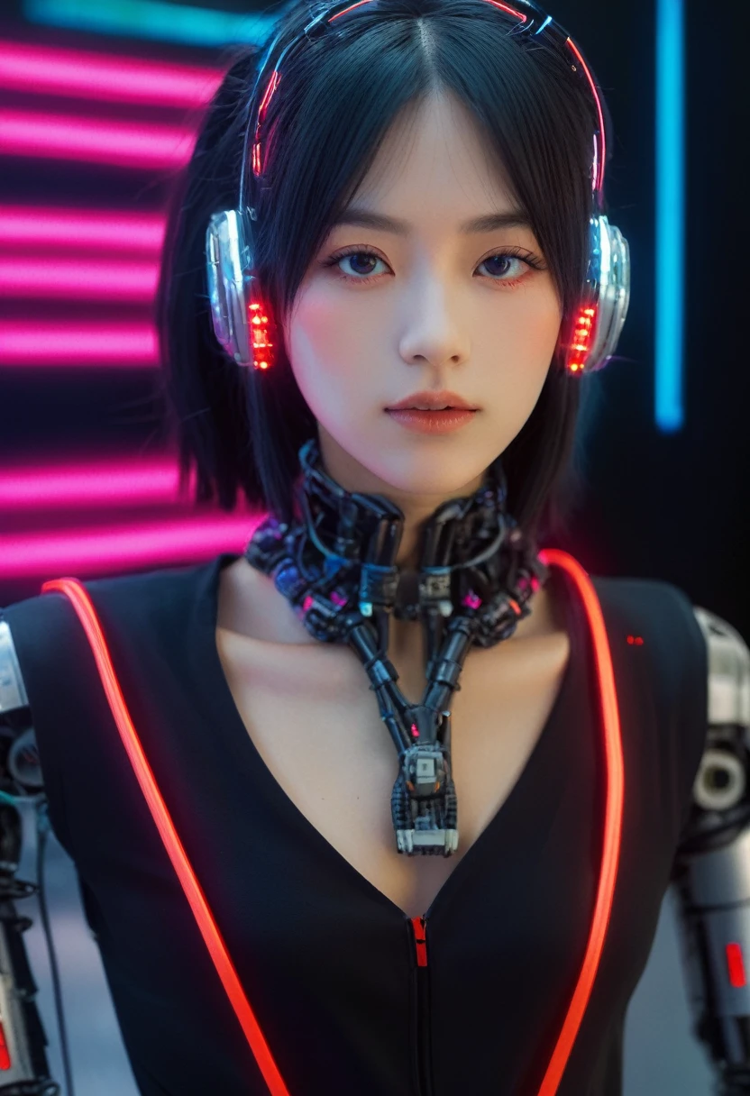 xxmixgirl. Highly detailed professional 35mm film, bokeh, face in sharp focus. A robotic female, Miku, with ((metal skin)), ((perfect Asian eyes)) with magenta irises and ((black pupils)), beautiful serious (detailed face), 18 year old ((photorealistic face)), very long magenta twin tails of magenta hair, twin black hair ties with a single red stripe. She may have a black audio headpiece. We can see her ((full body)) down to her boot soles. Her outfit is a sleeveless collared light grey shirt, outlined in red around the frilled collar and hems. Shiny reflective ((metallic breast cups, dimpleless)), invisible nipples. She wears black sleeves with red hems that start around her upper arm and bellow out as the sleeves open and extend to her wrists, with wide trumpet red rimmed cuffs. She has perfect robotic (detailed hands). She wears a red colored tie with two horizontal solid parallel black lines halfway across. She wears a fabric black skirt with a horizontal red hem at the bottom all the way around; her (((black skirt wraps around her))) and ((her skirt completely covers)) her robotic waist and thighs. Tall black boots with red bottom soles, a red rim around the top at her thighs. Her mechanical shoulder joints are visible. We can see her robotic legs and robotic neck. Half of her is covered with shiny polished machinery. The background is a distant dark neon futuristic Japanese city, gold, cyan, violet neon, near harbor or mountains.