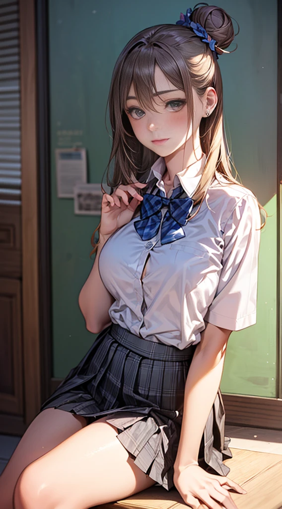 (masterpiece:1.2, Highest quality), (Realistic, photoRealistic:1.4), Beautiful illustrations, 
Looking at the audience, whole body, Front view:0.6, 
1 girl, Japanese, high School girl, (Long Hair:1.5), Let your hair flutter, ((Hair Bun:1.5)), bangs, Hair between the eyes, :0.8, 
Beautiful Hair, Beautiful Face, Beautiful and detailed, Beautiful clavicle, Beautiful body, Beautiful breasts, Be thighs, Beautiful legs, Beautiful fingers, 
(Beautiful views), , School,
((Collared short-sleeved shirt, White shirt, , Grey plaid pleated skirt, Blue checked bow tie)), White panties, 
(Are sta, Lift up the skirt, Grab the hem of your skirt, please put your hand on your chest, Place your hands between your legs), 
blush, ,