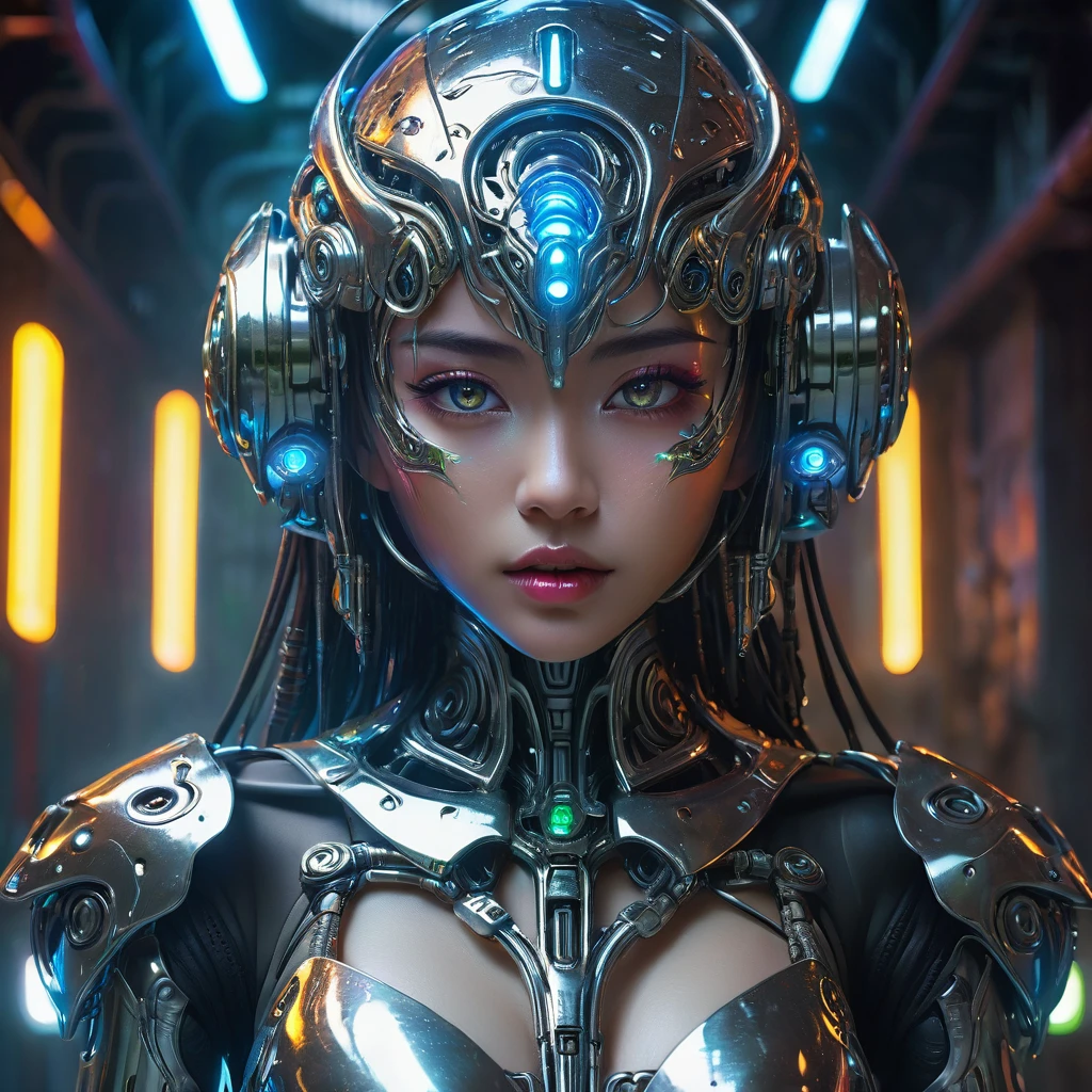  1 Liquid Metal Humanoid、Detailed metal face、Beautiful metal eyes、Detailed metal lips、Beautifully detailed metal woman、Complex Armor、Gorgeous futuristic dungeon environments、Shining neon lights、Very detailed、8k、Photorealistic、Dramatic lighting、Cinematic composition、Bright colors、Dark and gloomy atmosphere、Techno-Organic、sf、cyber punk