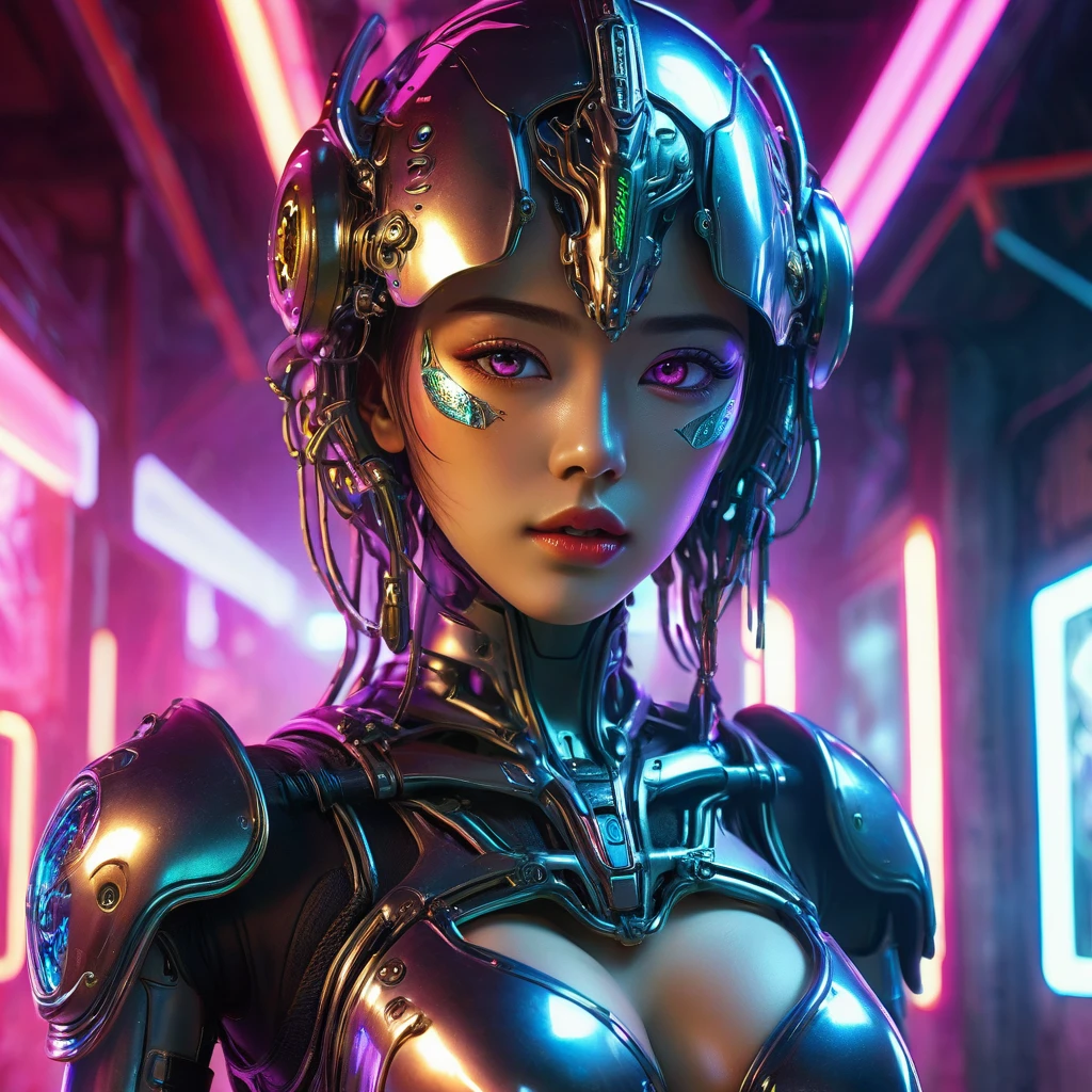 1 Liquid Metal Humanoid、Detailed metal face、Beautiful metal eyes、Detailed metal lips、Beautifully detailed metal woman、Complex Armor、Gorgeous futuristic dungeon environments、Shining neon lights、Very detailed、8k、Photorealistic、Dramatic lighting、Cinematic composition、Bright colors、Dark and gloomy atmosphere、Techno-Organic、sf、cyber punk