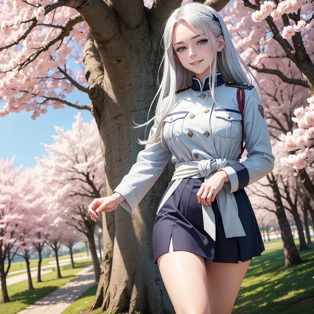 Anime style portrait of a white girl, with blue eyes, waist-length silver hair, that his cheeks are slightly flushed and that he is smiling, that she is dressed in uniform and that she is walking through a park with cherry trees