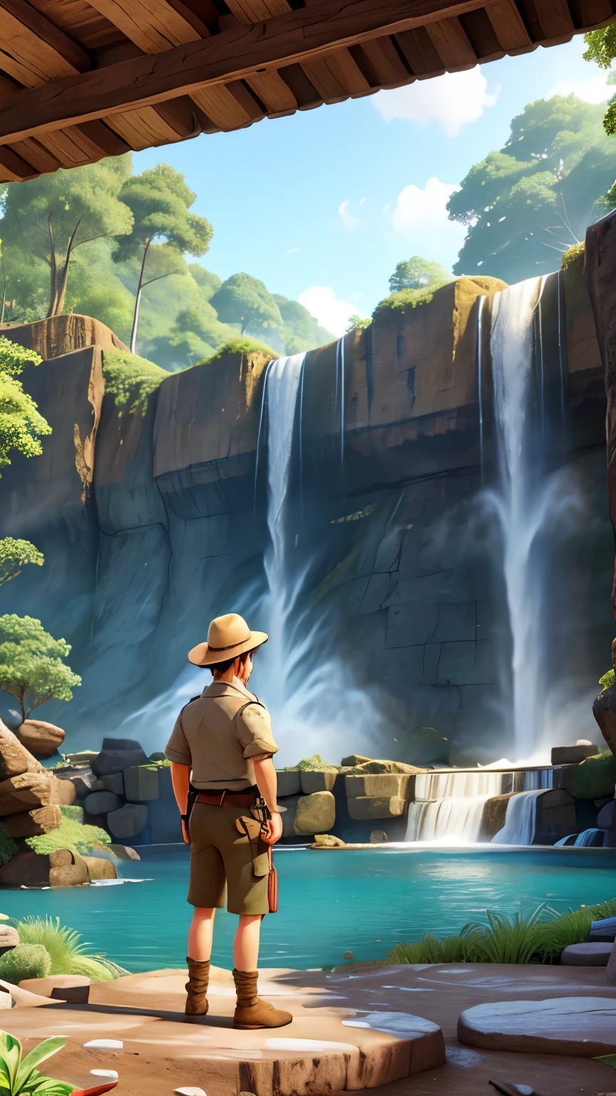 An archaeologist looking at a giant waterfall 