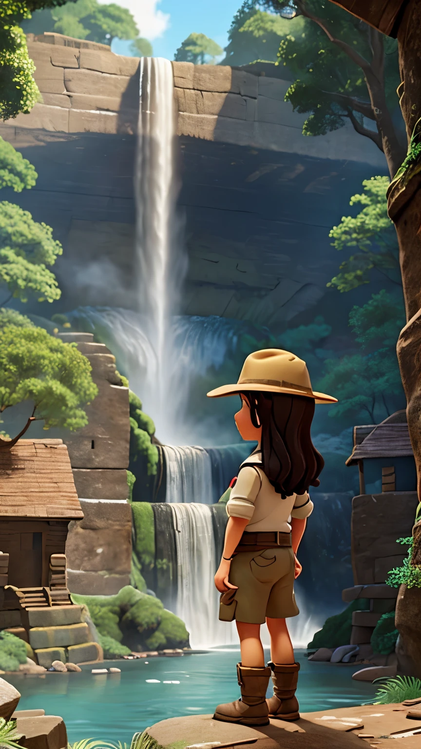 An archaeologist looking at a giant waterfall 