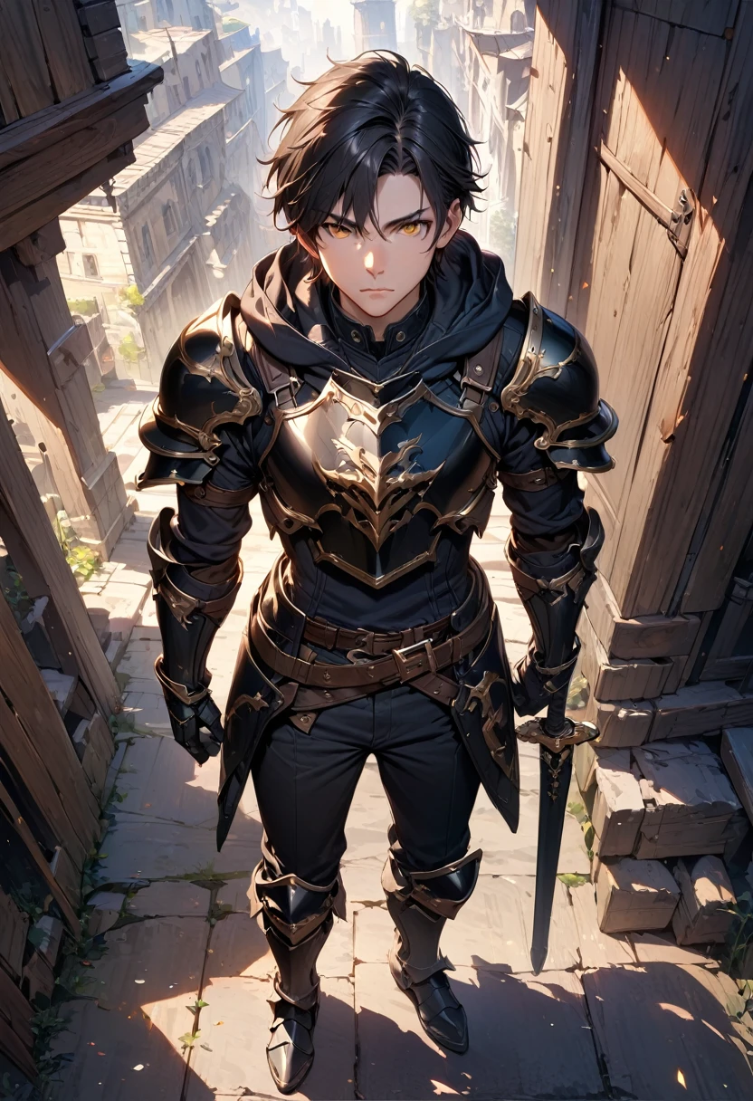 (masterpiece),(best quality),(ultra-detailed),(best illustration),(best shadow),(absurdres),(detailed background),(very aesthetic), 1boy, male-focus, black-hair, solo, armor, yellow-eyes, gauntlets, belt, black-pants, standing, boots, pants, short-hair, full-body, hoodie, armored-boots, breastplate, sheath, hood-down, black-hoodie, closed-mouth, gloves, looking-at-viewer, indoors, no bangs