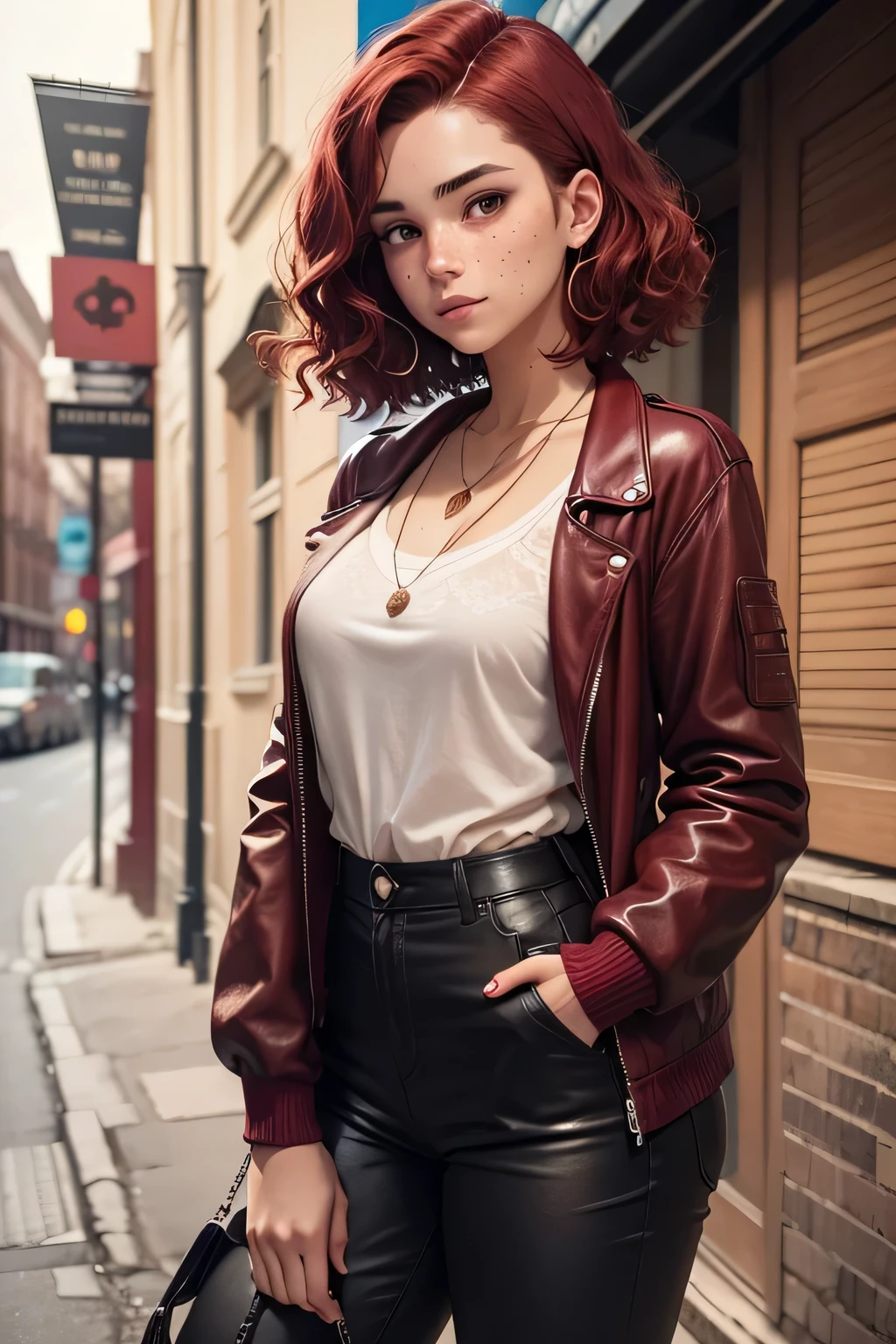 20 year old girl with burgundy red bob and wavy hair. She has some freckles. His clothing style is black