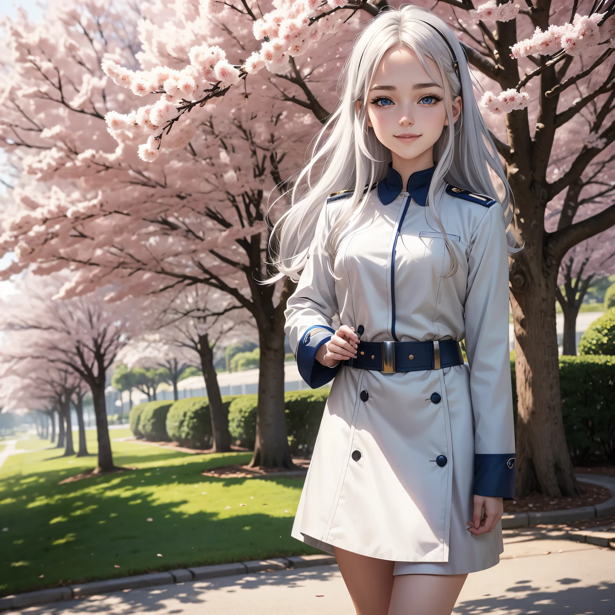 Anime style portrait of a white girl, with blue eyes, waist-length silver hair, that his cheeks are slightly flushed and that he is smiling, that she is dressed in uniform and that she is walking through a park with cherry trees 