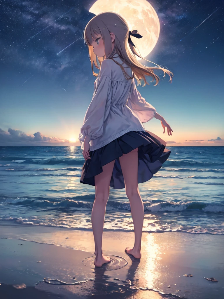 ((masterpiece, Highest quality)), At night, Light clothing, girl, Put one foot in the sea using only your toes, girl standing, girl sideways, girl between the horizon and the sea, Side view, Ripples spread from my toes, The scene is about 20 metres away., On the Sea, At night, the whole scene is shining, There is a meteor shower