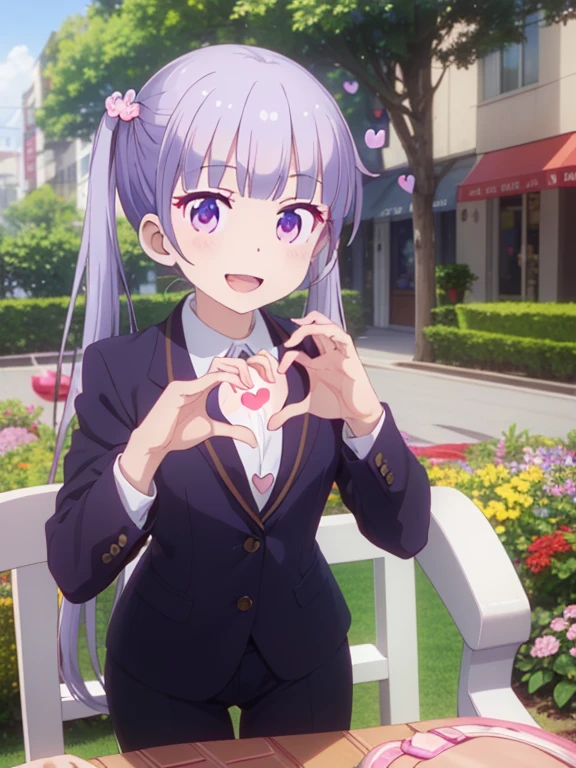 (table top, highest quality, High resolution, nffsw, perfect pixel, Depth of the bounds written, 4k), beautiful anime girl, perfect body, , (smile, open your mouth:1.6) aoba suzukaze, ribbon, suit, jacket,,, (heart hand:1.8), flower garden, lots of flowers
