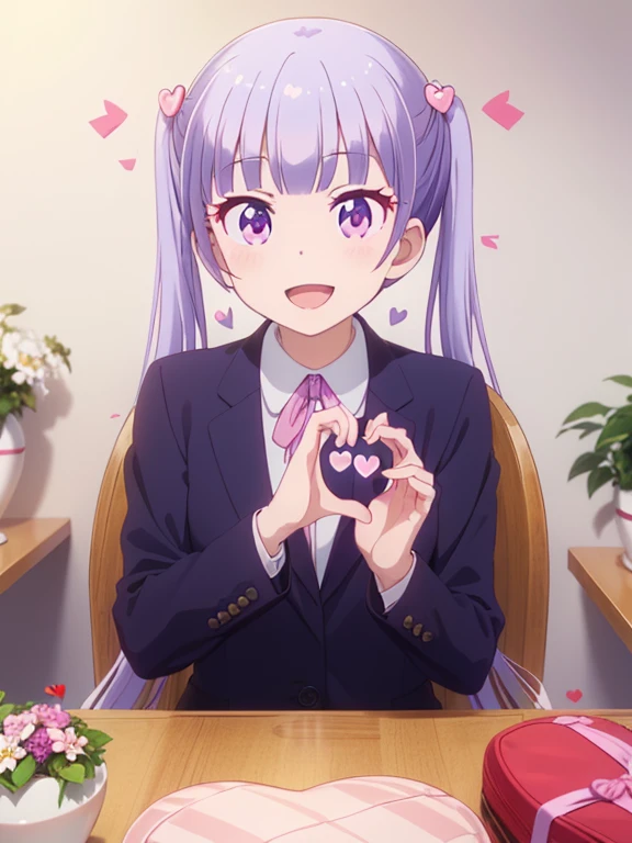 (table top, highest quality, High resolution, nffsw, perfect pixel, Depth of the bounds written, 4k), beautiful anime girl, perfect body, , (smile, open your mouth:1.6) aoba suzukaze, ribbon, suit, jacket,,, (heart hand:1.8), flower garden, lots of flowers
