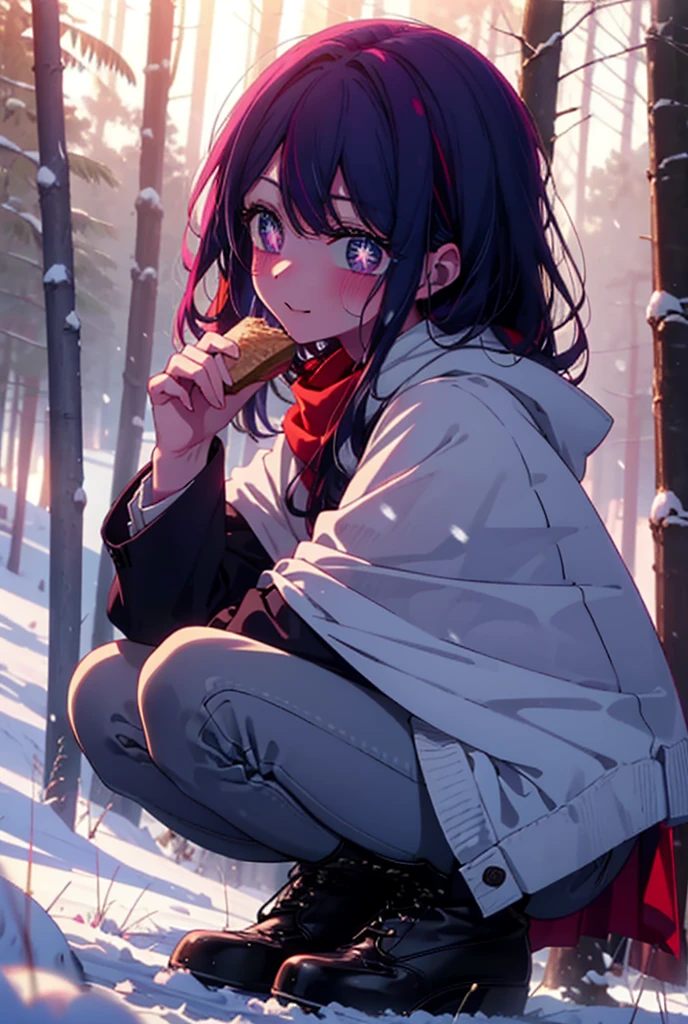 aihoshino, Ai Hoshino, Long Hair, bangs, (Purple eyes:1.1), Purple Hair, (Symbol-shaped pupil:1.5), smile,,smile,blush,white breath,
Open your mouth,snow,Ground bonfire, Outdoor, boots, snowing, From the side, wood, suitcase, Cape, Blurred, , forest, White handbag, nature, Squat, Mouth closed, Cape, winter, Written boundary depth, Black shoes, red Cape break looking at viewer, Upper Body, whole body, break Outdoor, forest, nature, break (masterpiece:1.2), Highest quality, High resolution, unity 8k wallpaper, (shape:0.8), (Beautiful and beautiful eyes:1.6), Highly detailed face, Perfect lighting, Highly detailed CG, (Perfect hands, Perfect Anatomy),