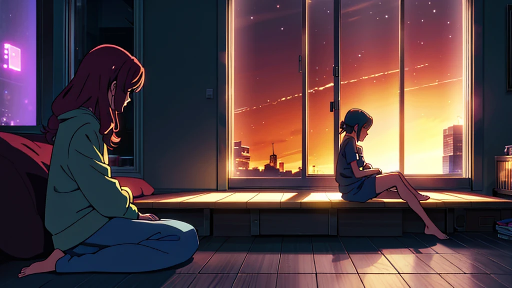 high quality, a girl, lonely, sitting on the floor, side view, with a music player, in the room, with a window, with stardust, at midnight, lo-fi, 2d anime, on right, dramatic lighting