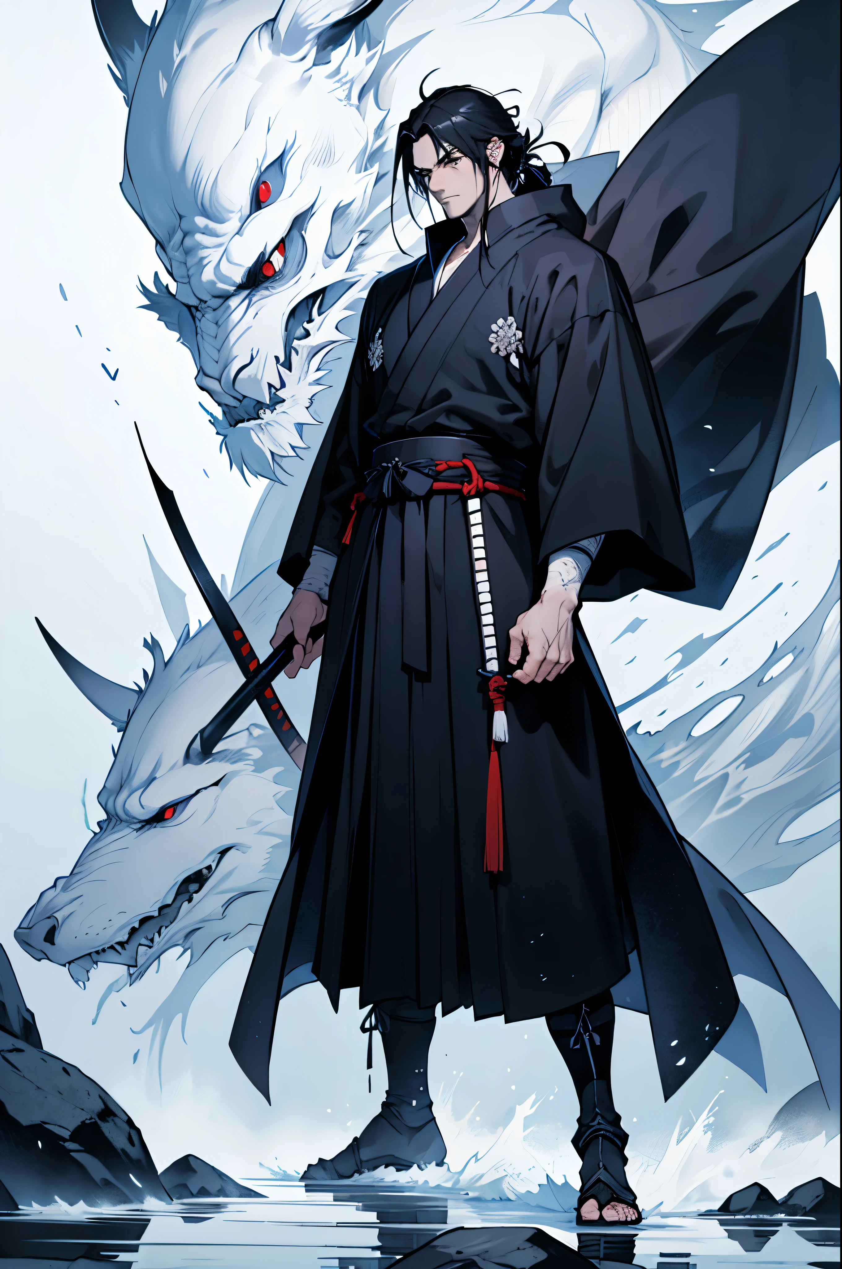 Tall man, white skin, wearing a dark blue hakama, samurai style, full body art, from afar, on the horizon, long straight black hair, anime art style, serious expression, black cloak wearing, imposing posture, white background,
