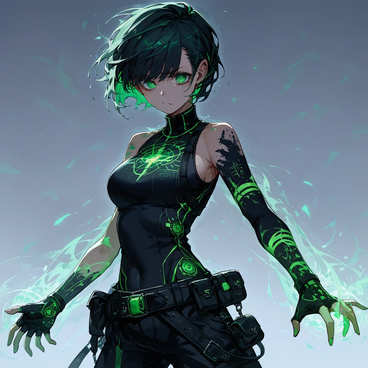 a girl with Slim, athletic build,Short, edgy hair with streaks of neon green,Intense, glowing green eyes,Fitted, (nude:0.9), NSFW, dark top with glowing green circuitry,standing in front of a city,Sleeveless or short-sleeved, showcasing glowing energy patterns on her arms,High-tech harness with energy nodes,Fingerless gloves with energy conduits,Dark, fitted pants with utility pockets,Belt with energy capsules and gadgets,Confident, determined expression,Energetic aura surrounding her hands and body, detailed gorgeous face| anime style| key visual| intricate detail| highly detailed| breathtaking| vibrant| panoramic| cinematic| Carne Griffiths| Conrad Roset| gibbli 8k