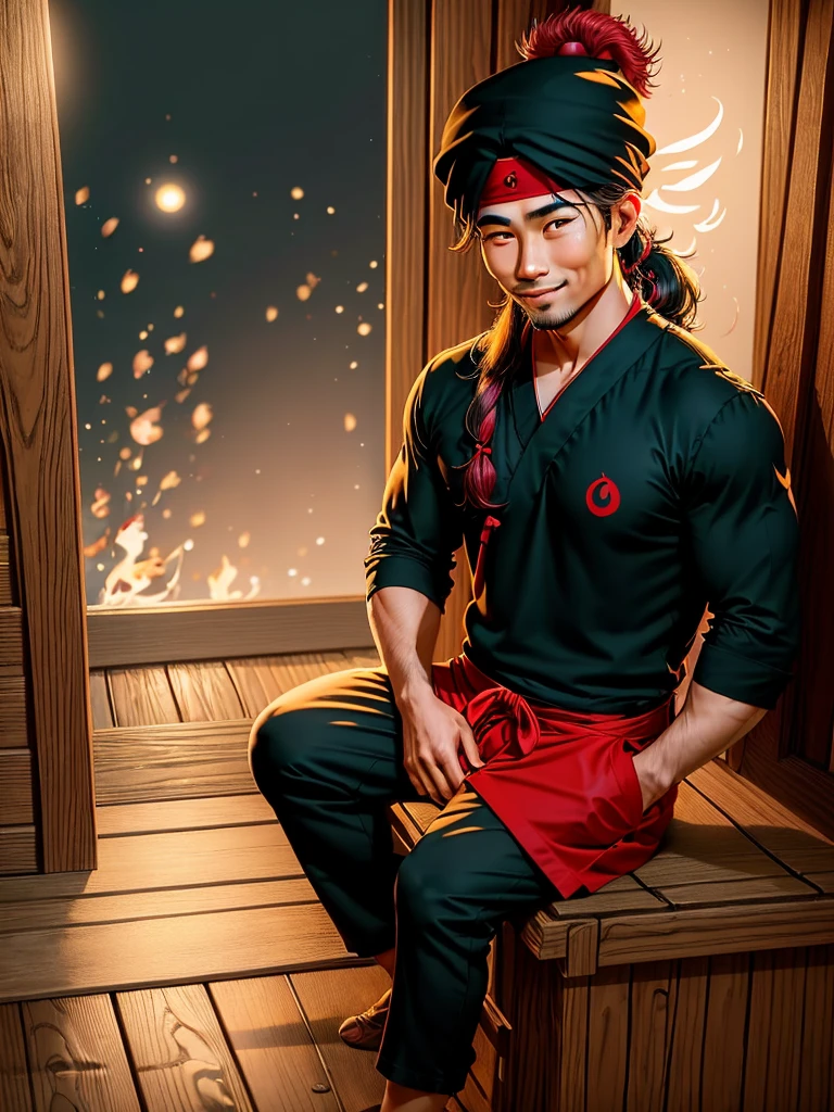 A 30-year-old Indonesian man, oval face, smiling lips, long hair wearing a red hat, sitting alone on a chair on the front porch of the house, both legs straight on the table, 2/3 body position slightly tilted while looking at the beautiful shining stars. the dim light of the porch lamp, the house and front porch are simple not luxurious, even the shabby leather chair looks torn, both hands holding a cup of warm coffee that looks like hot coffee smoke billowing. the dark night atmosphere is only lit by the lights shining around the porch of the house,