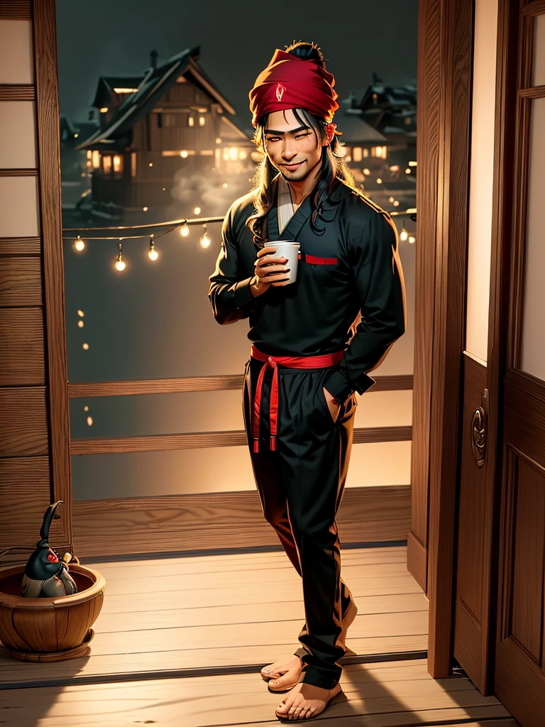 A 30-year-old Indonesian man, oval face, smiling lips, long hair wearing a red hat, sitting alone on a chair on the front porch of the house, both legs straight on the table, 2/3 body position slightly tilted while looking at the beautiful shining stars. the dim light of the porch lamp, the house and front porch are simple not luxurious, even the shabby leather chair looks torn, both hands holding a cup of warm coffee that looks like hot coffee smoke billowing. the dark night atmosphere is only lit by the lights shining around the porch of the house,