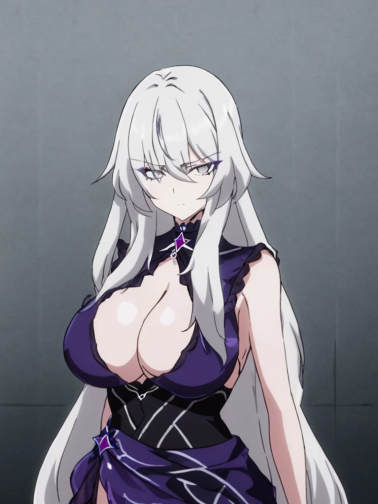 sovetsky_Soyuz, grey hair, long hair, choker, Cleavage, large breasts, first rate breasts, grey eyes, sharp eyes, Long eyelashes, eye shadow,  ominous vibe, expressionless, stoic, relaxing, Ultra quality, UHD, high detail, anime aesthetic, Anime screenshot, Ultra quality, UHD, high detail. 