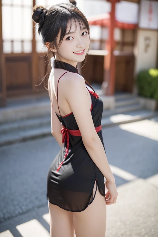 (((masterpiece))), (Beautiful Japanese Girl, Pure and innocent，cute) ，Ultra-high resolution, Realistic, Ultra-detailed, 8k,Highest quality, Very detailed, (Slender figure，とてもBeautiful Japanese Girl, Flat Chest、Detailed face:1.3), (Bun Hair，Black Hair:1.4), (Baby Face，cute系,Adorable 12 year old girl), (Perfect body:1.1), Show me your beautiful teeth，弾けるsmile, Sexy red cheongsam, One girl, alone, Full-body display, smile,  beautiful girl、At the palace,Looking Back,Rear view