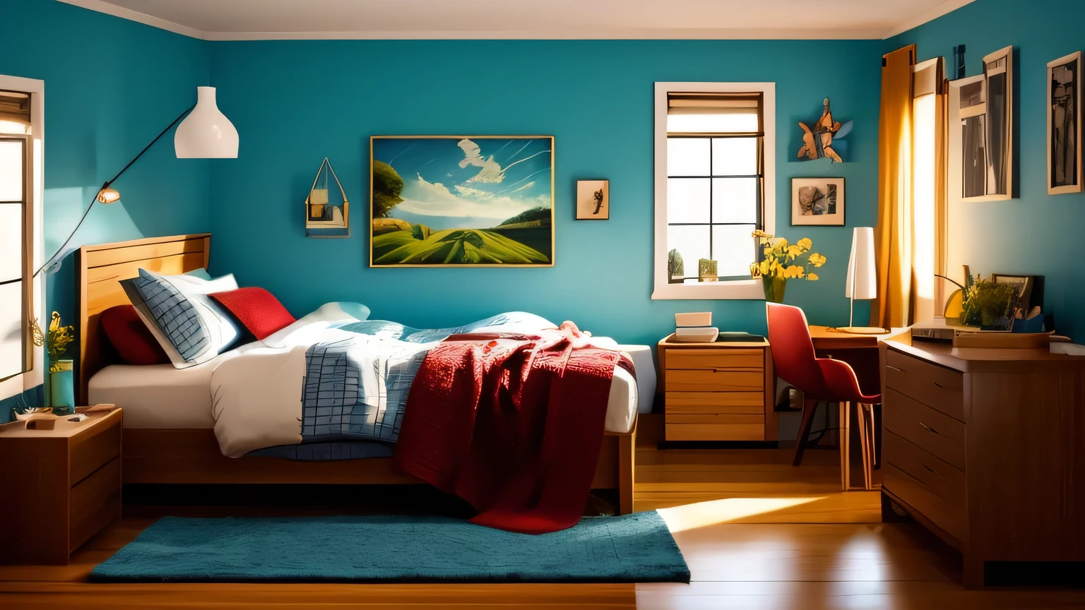 A man kneeling in a simple room with wooden walls, wearing a colorful T-shirt in shades of red and yellow and jeans, looking at a glowing spiritual figure that appears to be Jesus, the figure is surrounded by a halo of blue and white light, conveying a sense of serenity and spirituality, to the left of the man there is a wooden dresser with several drawers, on top of which are placed a lamp with a lampshade, books, a clock, and small decorative objects, the bed on the right side has a light blue bedspread and a white pillow, above the bed there is a painting with a bucolic landscape of a field, showing a tranquil scene with green hills, red flowers, and a blue sky with some clouds, the soft light and the organized environment create an atmosphere of peace and introspection.
