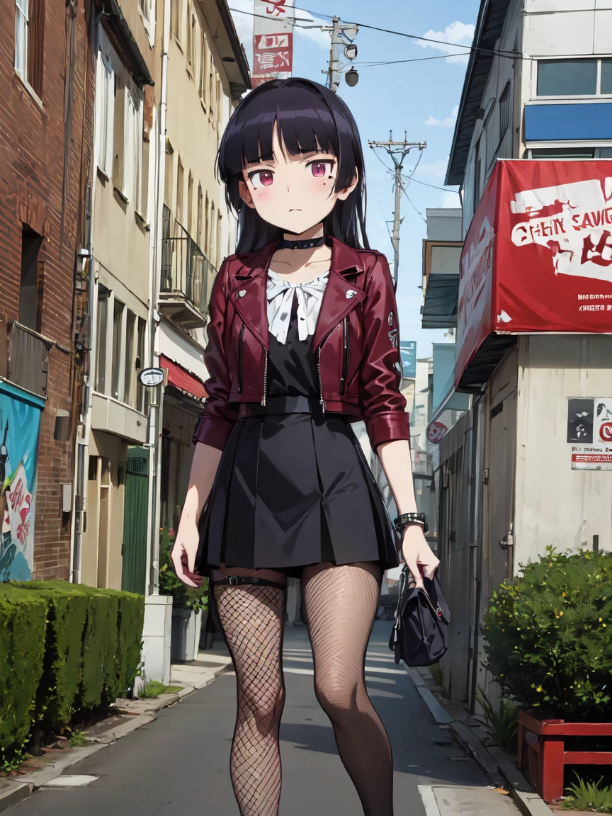 (ruri gokou), girl, alone, Hime cut, Mole under eye, Red eyes, middle ages, punk, Punk Fashion, Red Leather Jacket, Black Skirt, Fishnet tights, black t-shirts, spiked choker, bracelet, Black eyeshadow, Black Lips, masterpiece, Urban Scene、Background of the cityscape、Graffiti wall