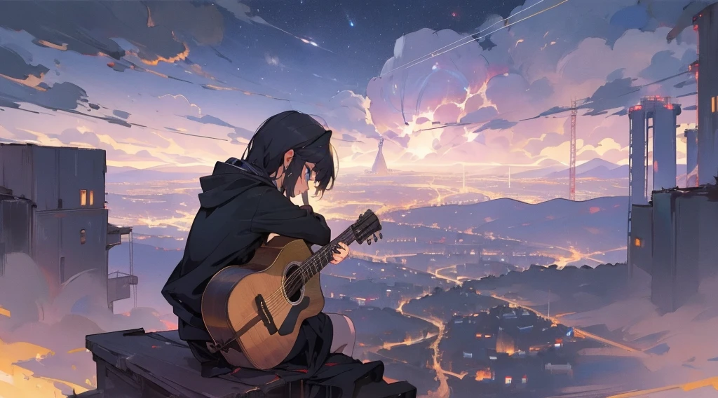 masterpiece,night,(dark alley),star、Night Sky、Overlooking the city、milky way、Back view、octone、
(1 girl), (solo), Knee hugging sitting,acousticguitar