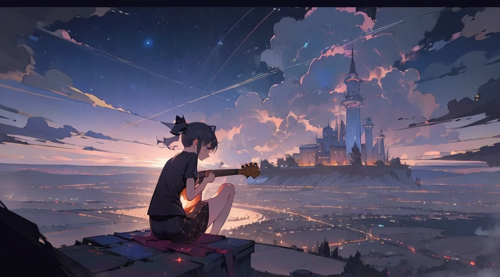 masterpiece,night,(dark alley),star、Night Sky、Overlooking the city、milky way、Back view、octone、
(1 girl), (solo), Knee hugging sitting,acousticguitar