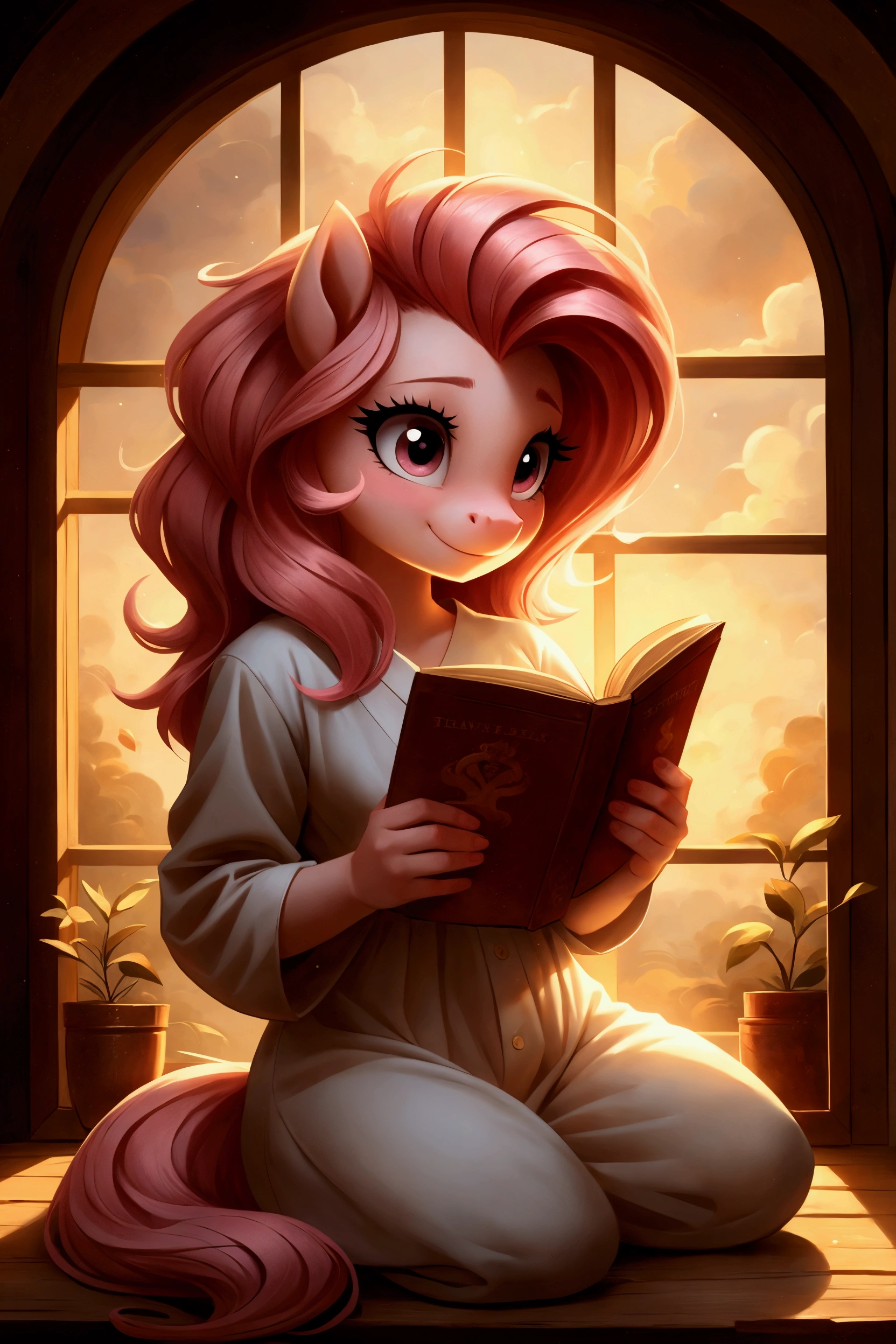 A beautiful pony girl with a pink mane lying in her cozy house, reading a book, soft smile, cute face, detailed background, best quality, warm color tones, chiaroscuro lighting