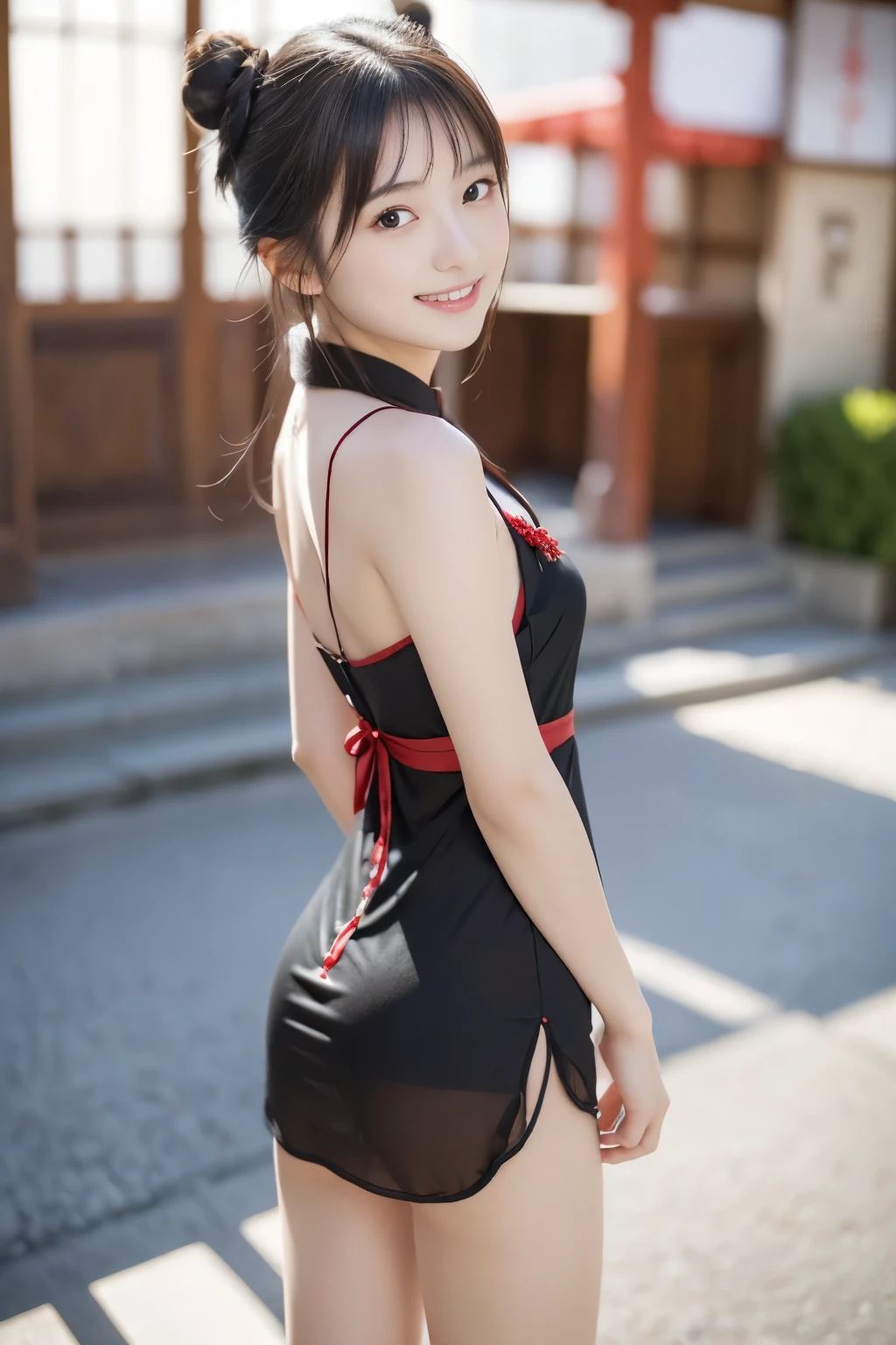 (((masterpiece))), (Beautiful Japanese Girl, Pure and innocent，cute) ，Ultra-high resolution, Realistic, Ultra-detailed, 8k,Highest quality, Very detailed, (Slender figure，とてもBeautiful Japanese Girl, Flat Chest、Detailed face:1.3), (Bun Hair，Black Hair:1.4), (Baby Face，cute系,Adorable 12 year old girl), (Perfect body:1.1), Show me your beautiful teeth，弾けるsmile, Sexy red cheongsam, One girl, alone, Full-body display, smile,  beautiful girl、At the palace,Looking Back,Rear view