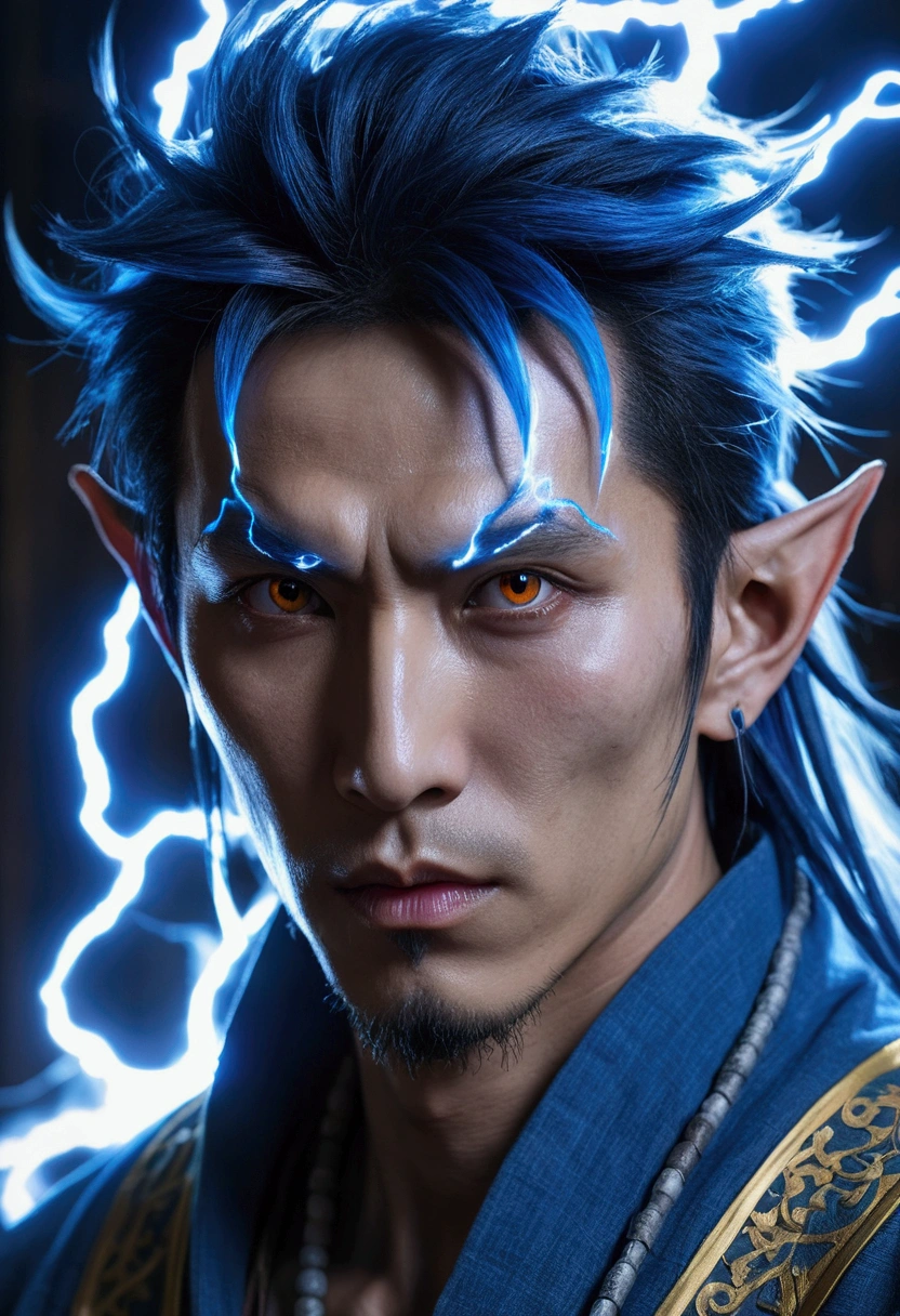 1 male demon with blue skin with very thin lightning horns starting from the forehead, ((hair looking like lightning)) ((with baggy clothes style oriental rpg world)) (perfect human eyes) work of art, best qualityer, (full viwer), fundo cinza.