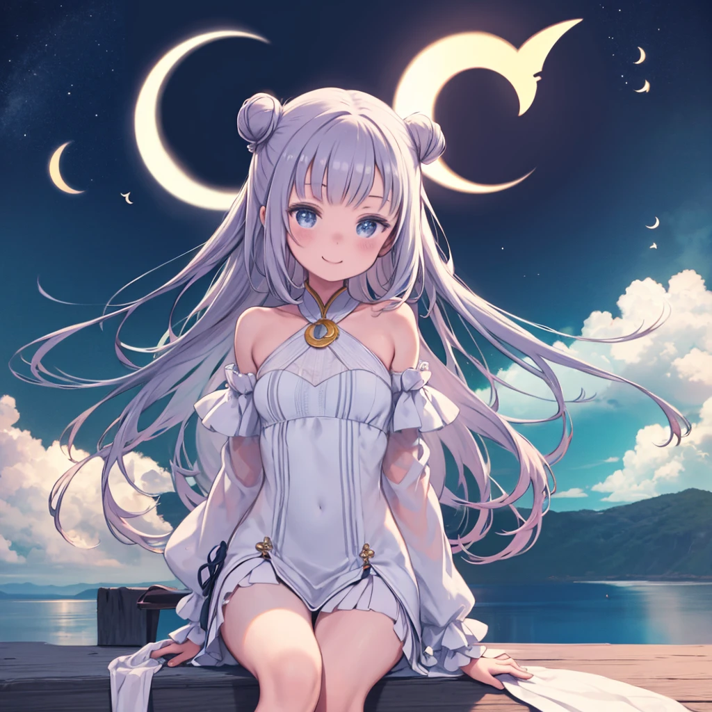 One Girl、Perched on a crescent moon、Fantasy、Fairy tale、smile、Watching the audience、cute、