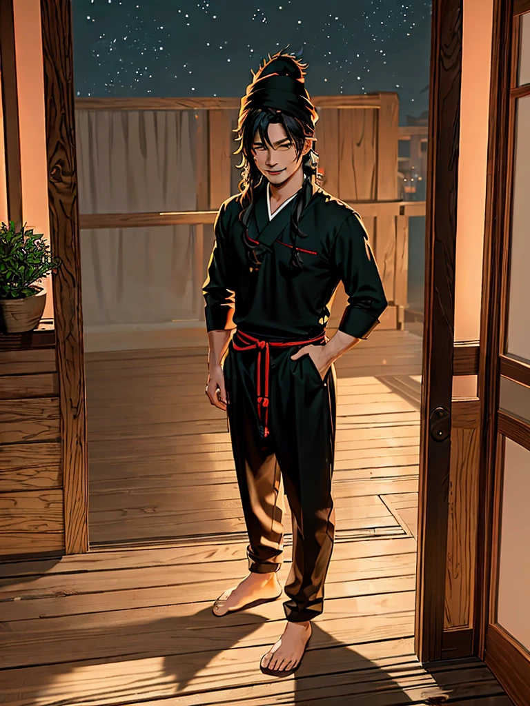 A 30-year-old Indonesian man, oval face, smiling lips, long hair wearing a red hat, sitting alone on a chair on the front porch of the house, both legs straight on the table, 2/3 body position slightly tilted while looking at the beautiful shining stars. the dim light of the porch lamp, the house and front porch are simple not luxurious, even the shabby leather chair looks torn, both hands holding a cup of warm coffee that looks like hot coffee smoke billowing. the dark night atmosphere is only lit by the lights shining around the porch of the house,