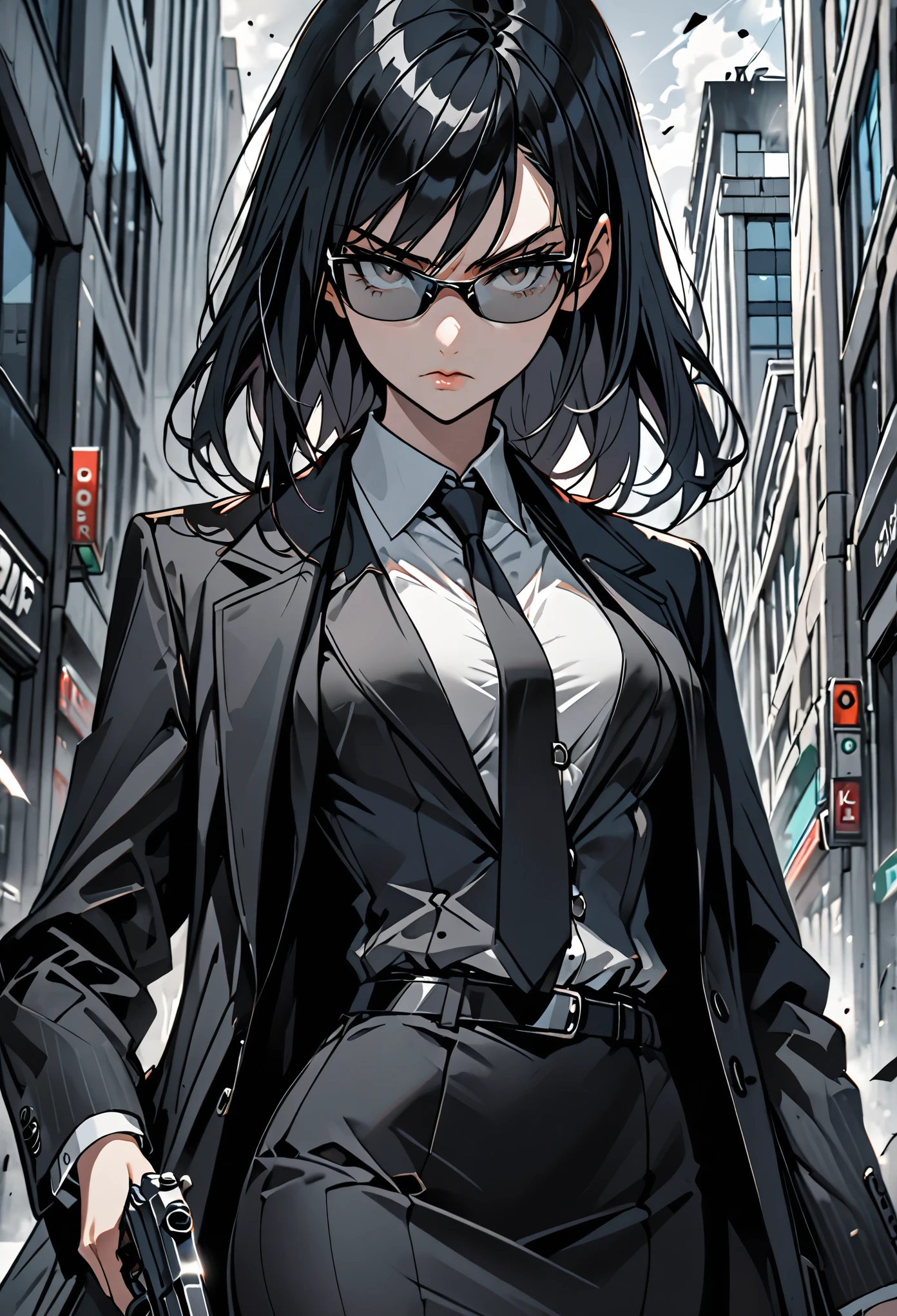 solo, female, long, straight black hair, grey eyes, tall, svelte, medium breasts, black business suit, pencil skirt, long business coat, serious, handgun:0.8, sunglasses, bank robbery