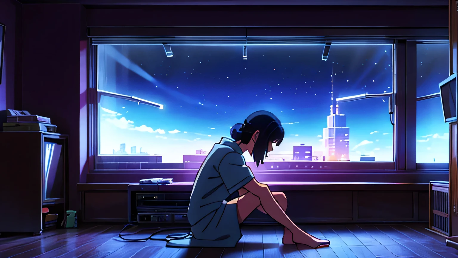 high quality, a girl, lonely, sitting on the floor, side view, with a music player, in the room, with a window, with stardust, at midnight, lo-fi, 2d anime, on right, dramatic lighting