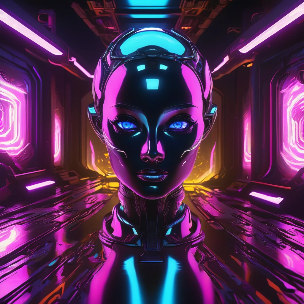  1 Liquid Metal Humanoid、Detailed metal face、Beautiful metal eyes、Detailed metal lips、Beautifully detailed metal woman、Complex Armor、Gorgeous futuristic dungeon environments、Shining neon lights、Very detailed、8k、Photorealistic、Dramatic lighting、Cinematic composition、Bright colors、Dark and gloomy atmosphere、Techno-Organic、sf、cyber punk